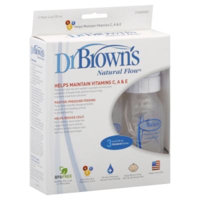 Dr. Brown's Natural Flow Baby Bottles, Standard, 4 Oz, 3 bottles