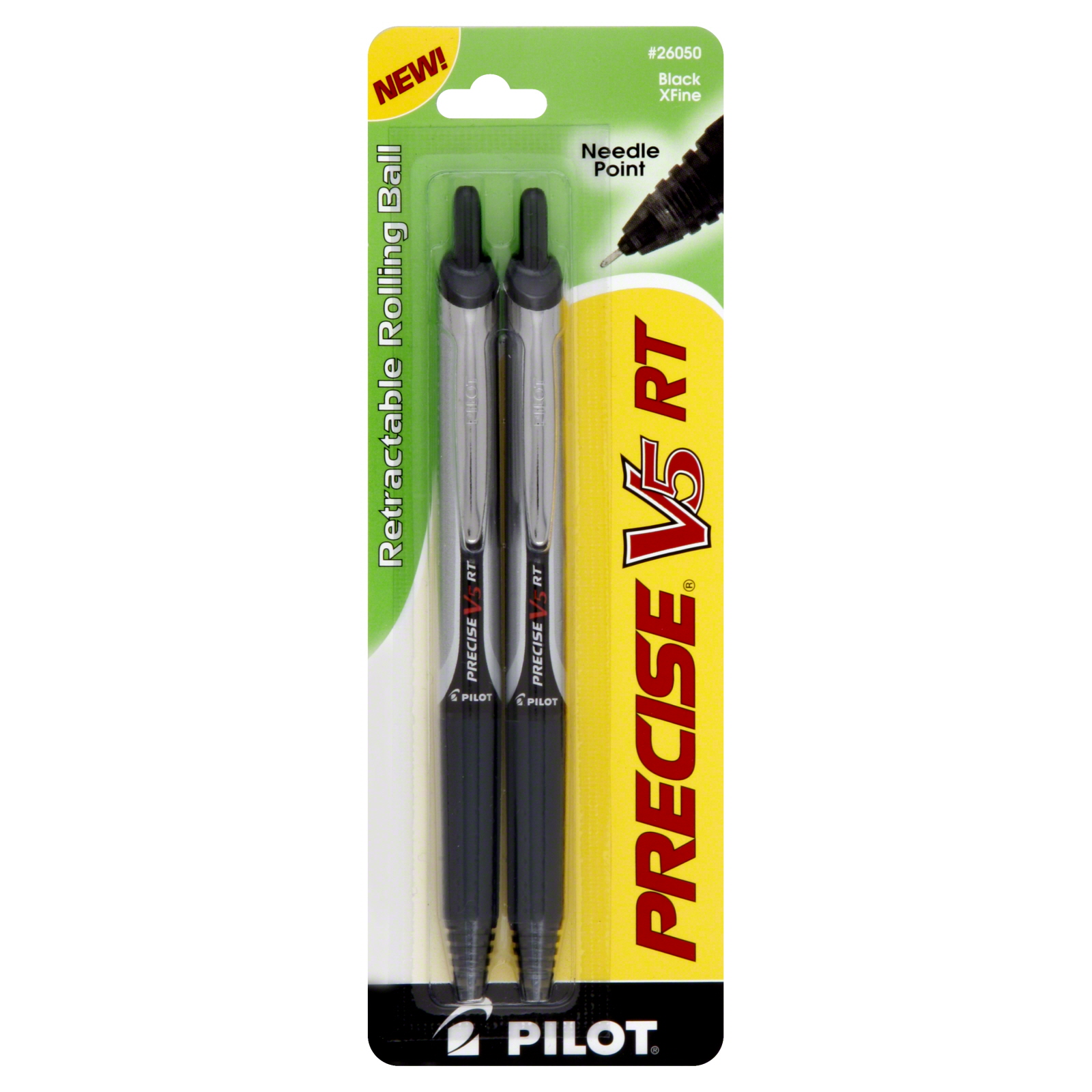 Pilot Automotive Precise V5 RT Rolling Ball Pens, Retractable, Needle Point, XFine, Black, 2 pens