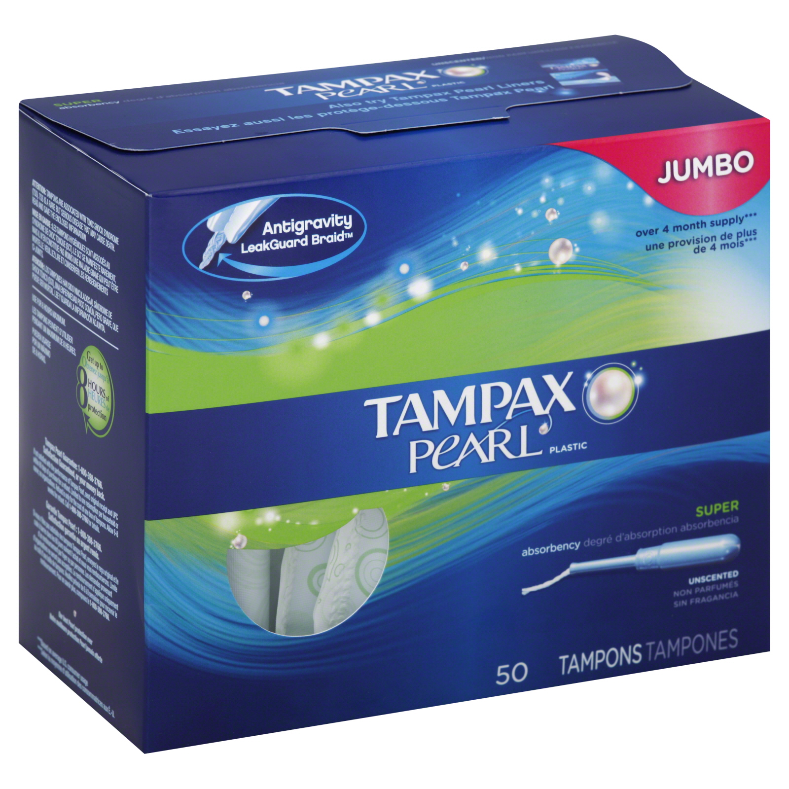 Pearl Tampons, Plastic, Super Absorbency, Unscented, 50 tampons