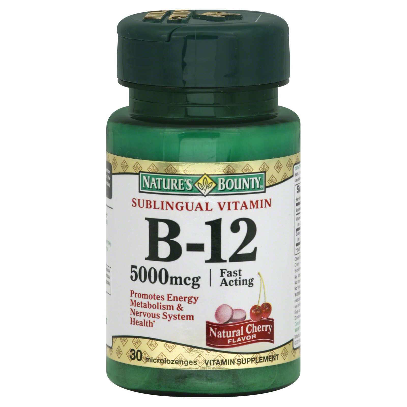 Nature's Bounty Vitamin B-12, Sublingual, 5000 mcg, Microlozenge, Natural Cherry Flavor, 30 microlozenges