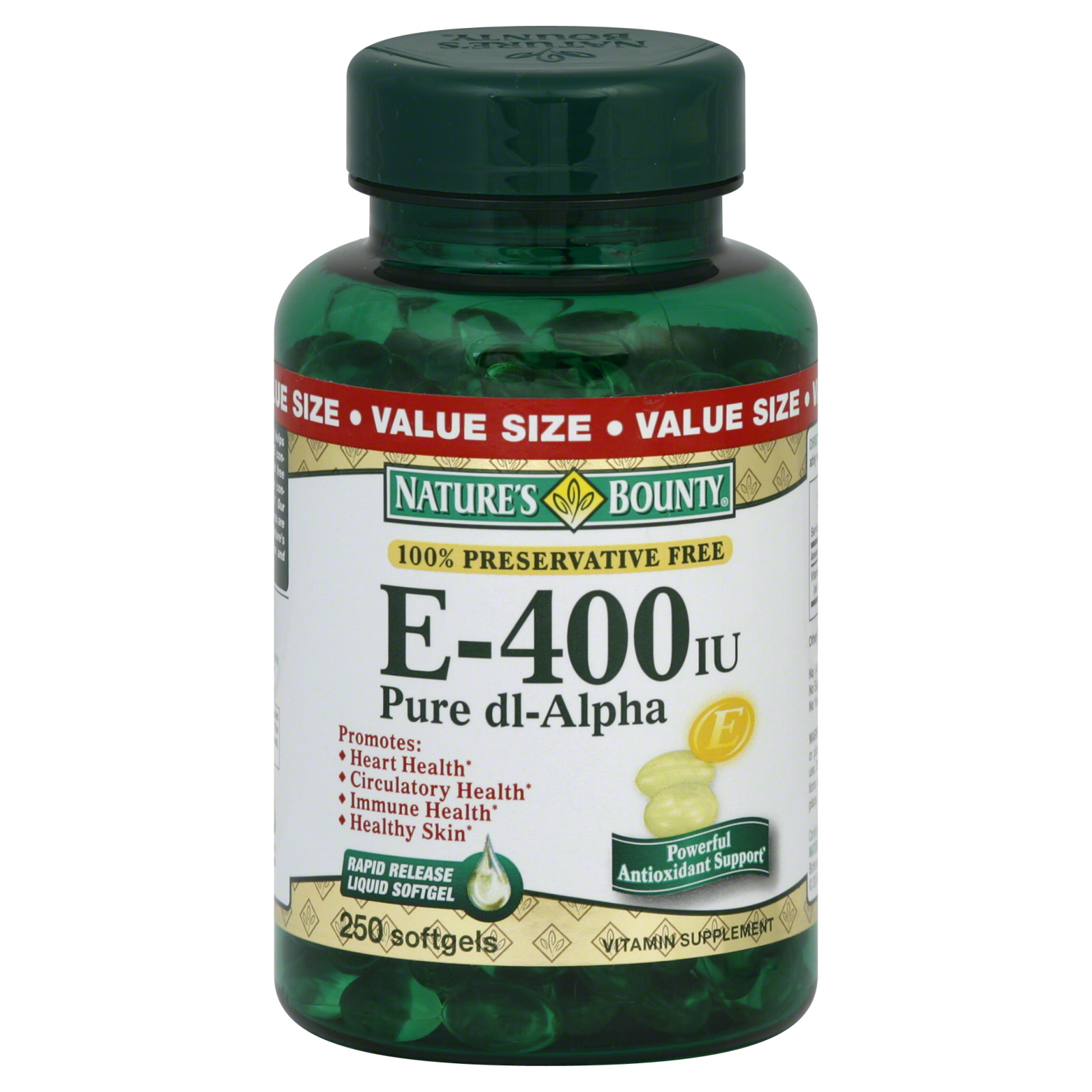 Nature's Bounty Vitamin E, Pure Dl-Alpha, 400 IU, Softgels, 250 softgels
