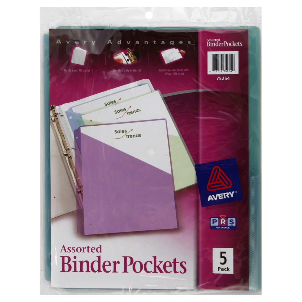 Avery AVE75254  Binder Pockets, 3-Hole Punched, 9 1/4 x 11, Assorted Colors, 5/Pack