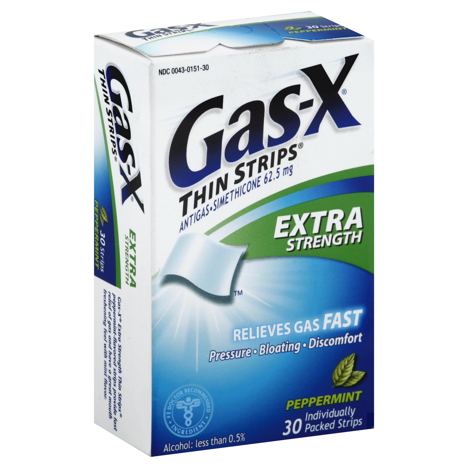 Gas-X Thin Strips Antigas, Extra Strength, Strips, Peppermint, 30 strips