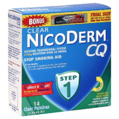 NicoDerm CQ Stop Smoking Aid, Step 1, Clear Patches, 14 patches