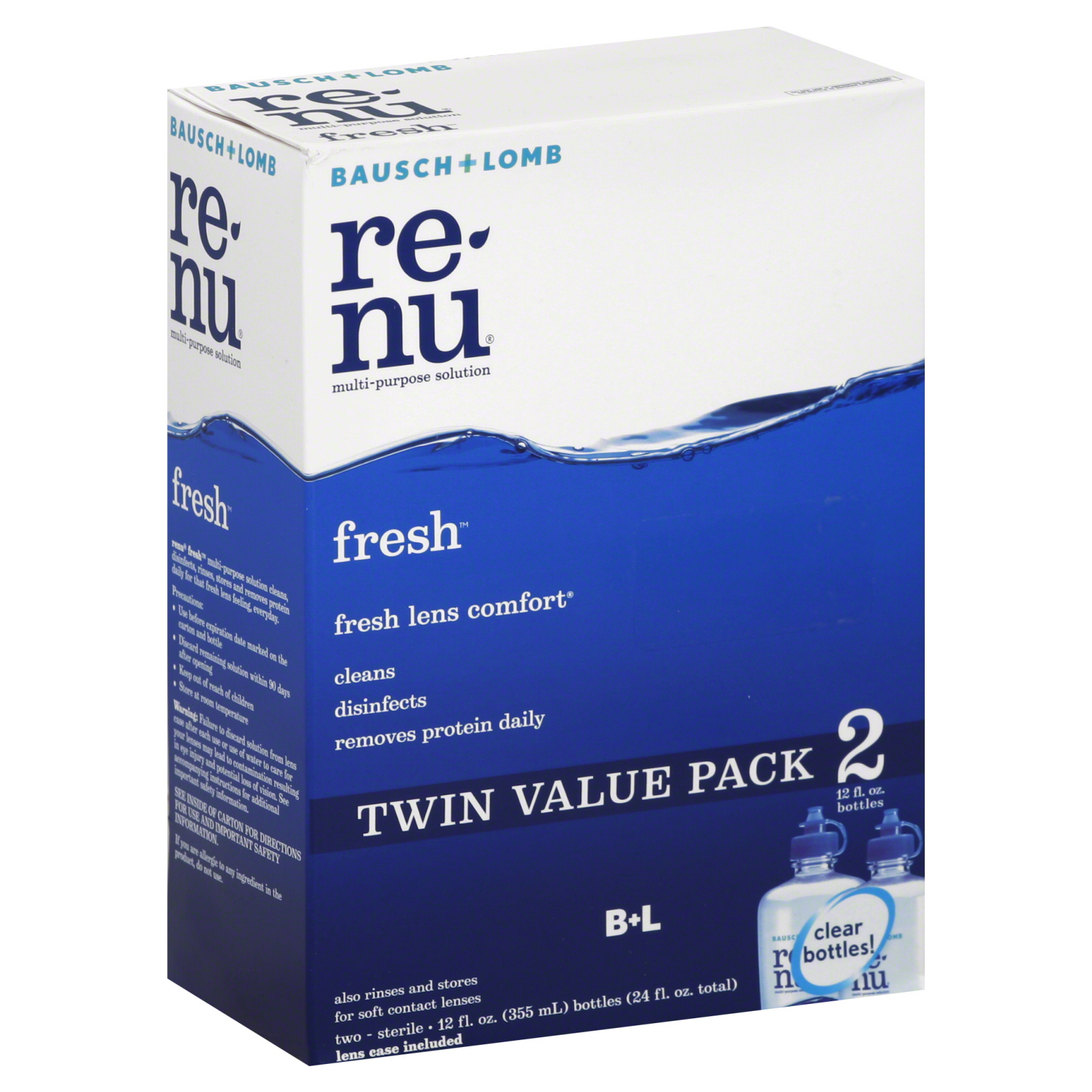 Renu Bausch + Lomb Re-Nu Fresh Multi-Purpose Solution, for Soft Contact Lenses, Twin Value Pack, 2 - 12 fl oz (355 ml) bottles [24 fl