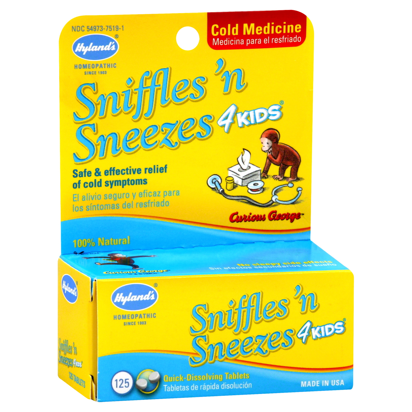 Hyland's 4 Kids Cold Medicine, Sniffles 'N Sneezes, Curious George, Tablets, 125 tablets