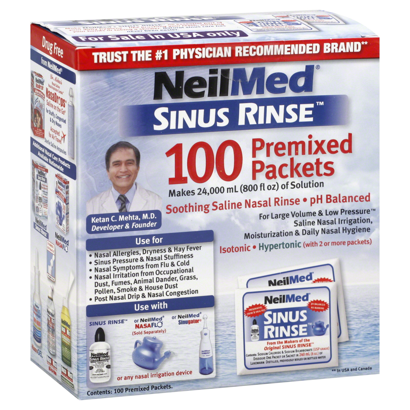 NeilMed Sinus Rinse Saline Nasal Rinse, Premixed Packets 100