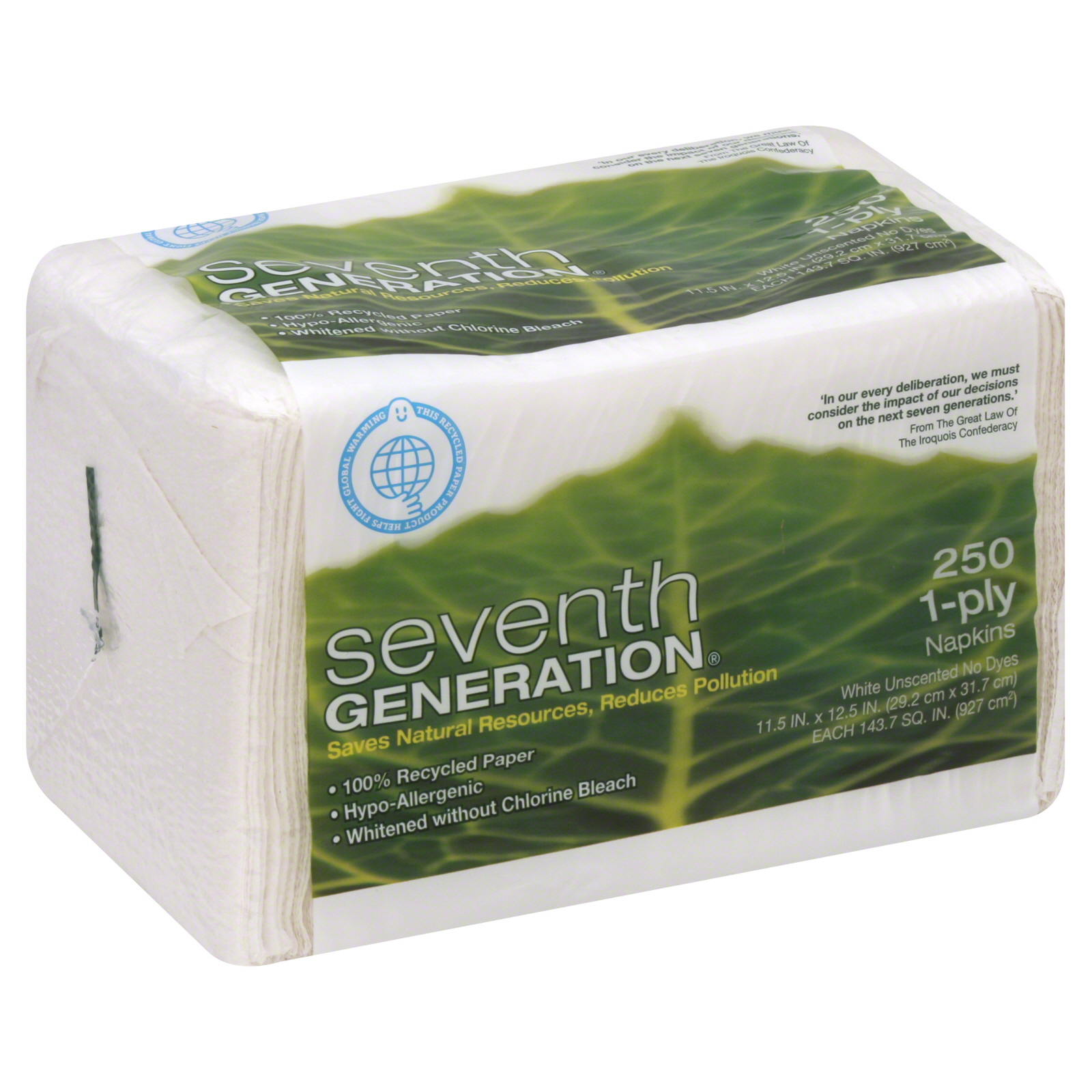 Seventh Generation SEV13713PK Napkins, Unscented, White, 1-Ply, 250 napkins