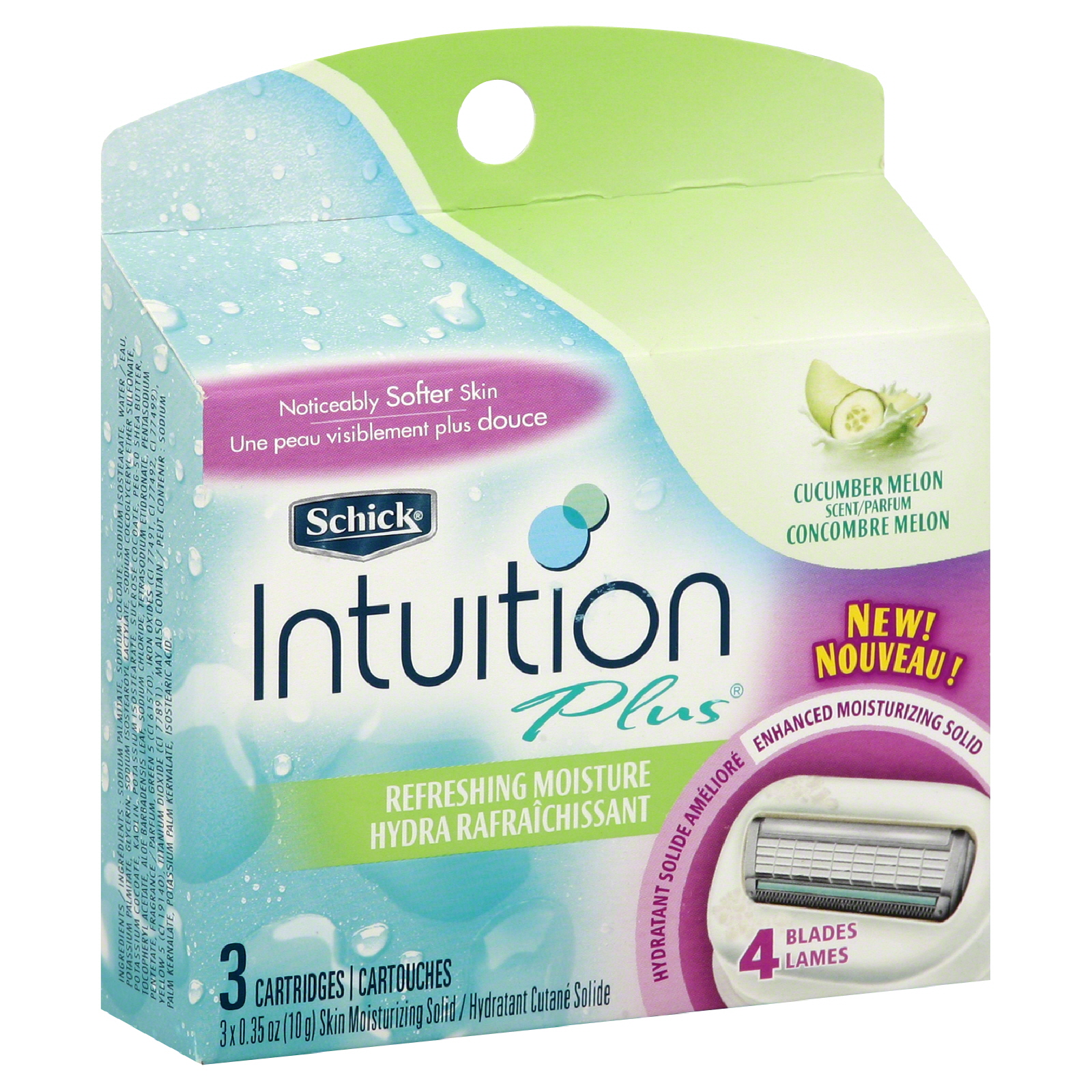 Schick Intuition Plus Cartridges, Refreshing Moisture, Cucumber Melon, 3 - 0.35 oz (10 g) cartridges