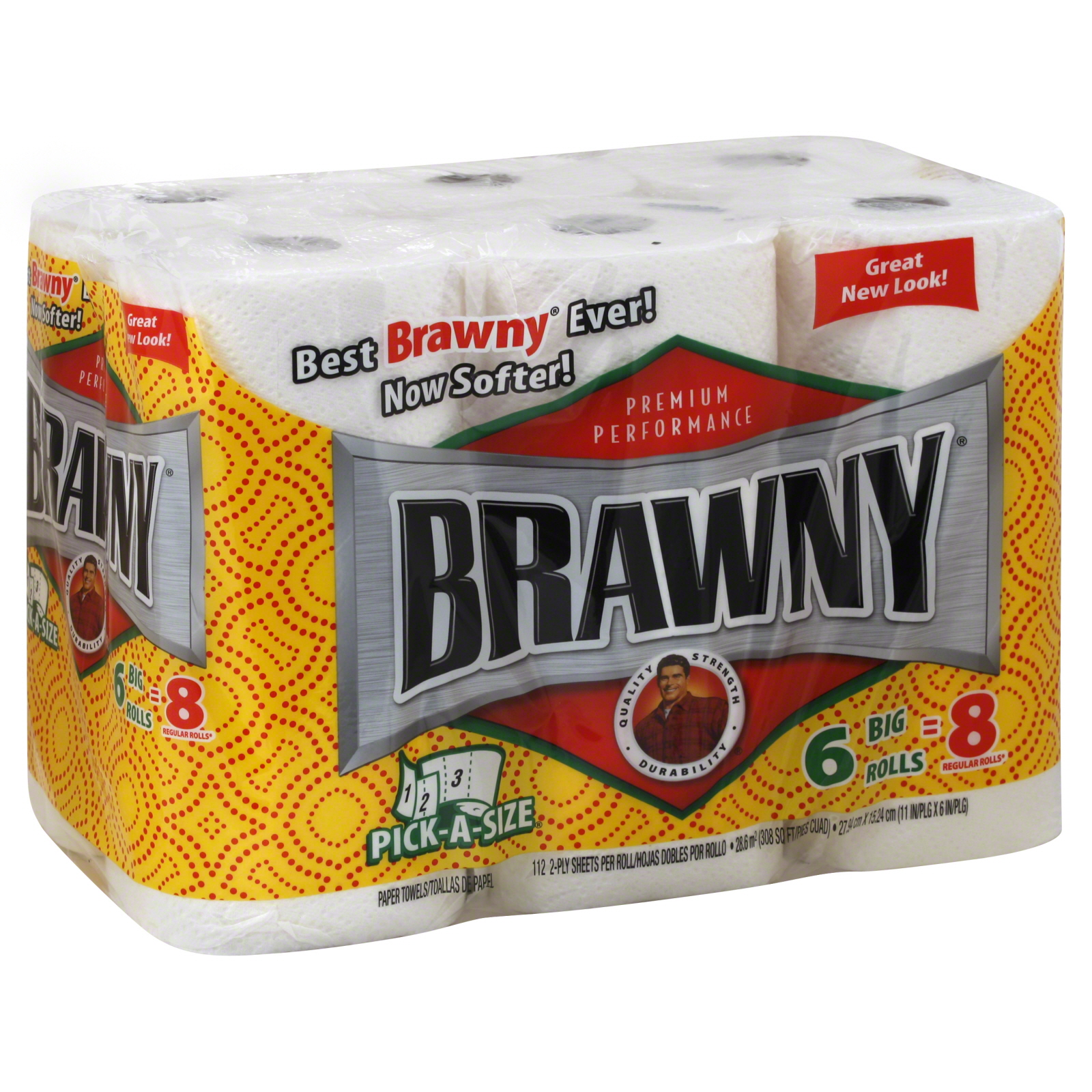 Brawny Pick-A-Size Paper Towels, Big Roll, White, 2-Ply, 6 rolls