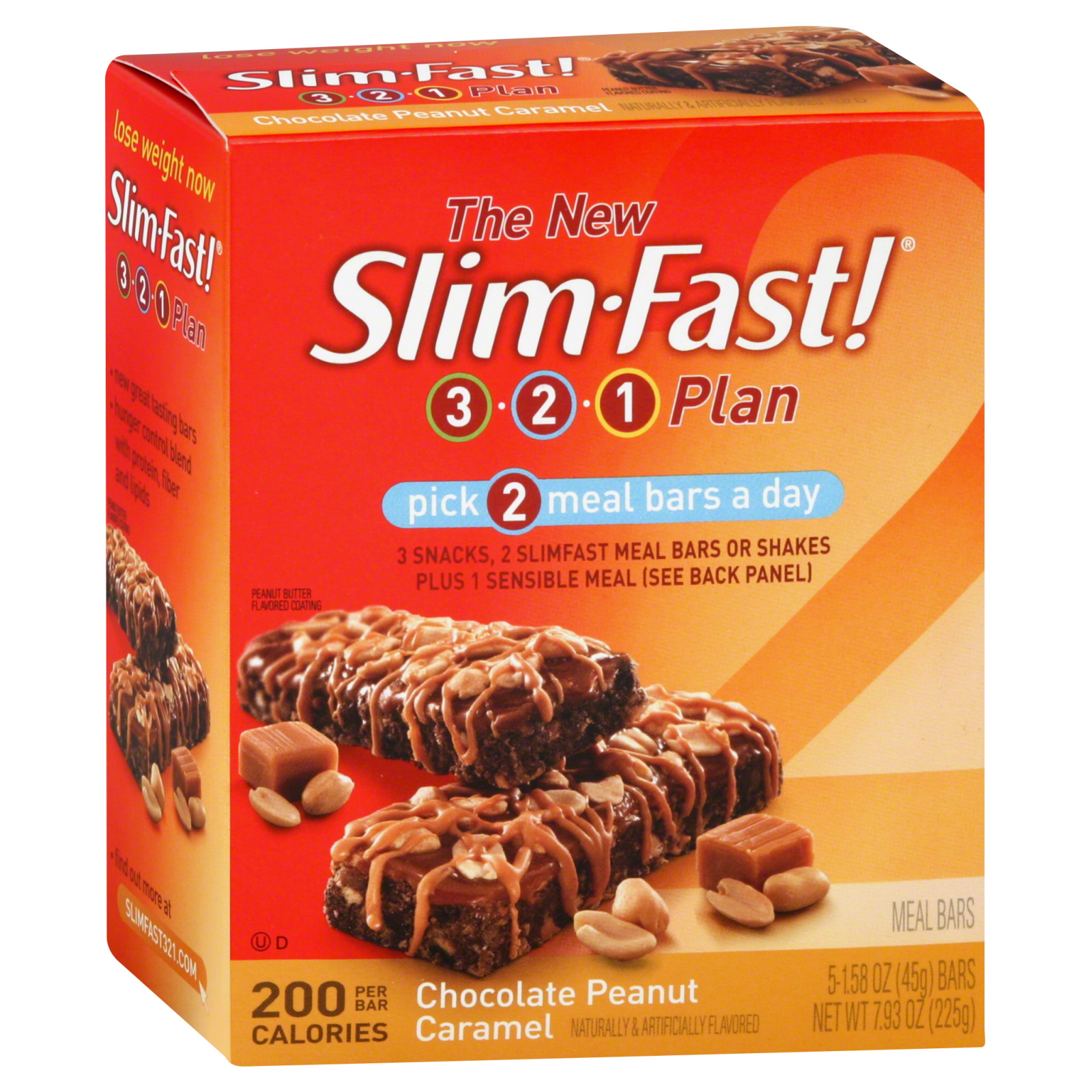 Slim-Fast 3-2-1 Plan Meal Bars, Chocolate Peanut Caramel, 5 - 1.58 oz (45 g) bars [7.93 oz (225 g)]