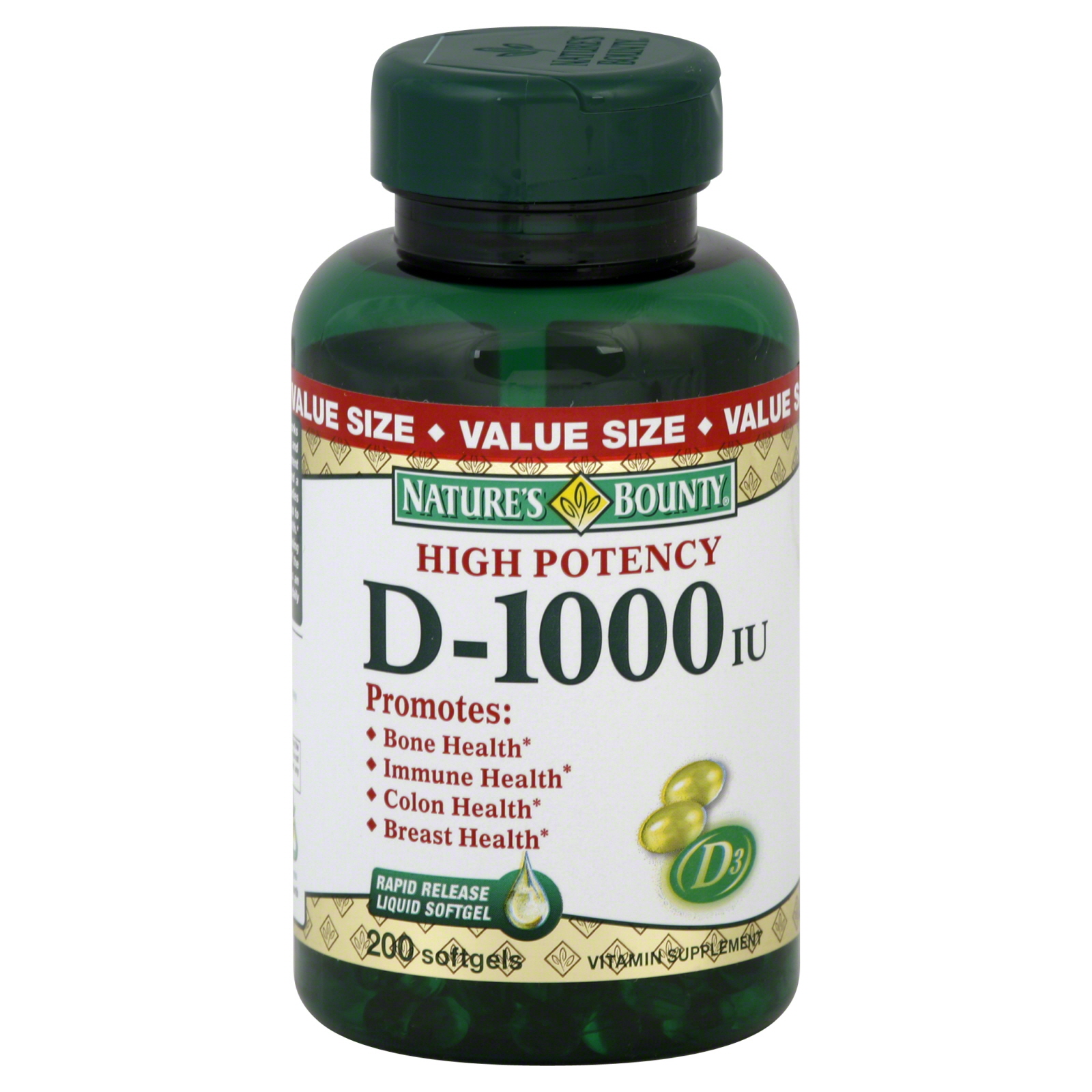 Vitamin D, High Potency, 1000 IU, Softgels, Value Size, 200 softgels