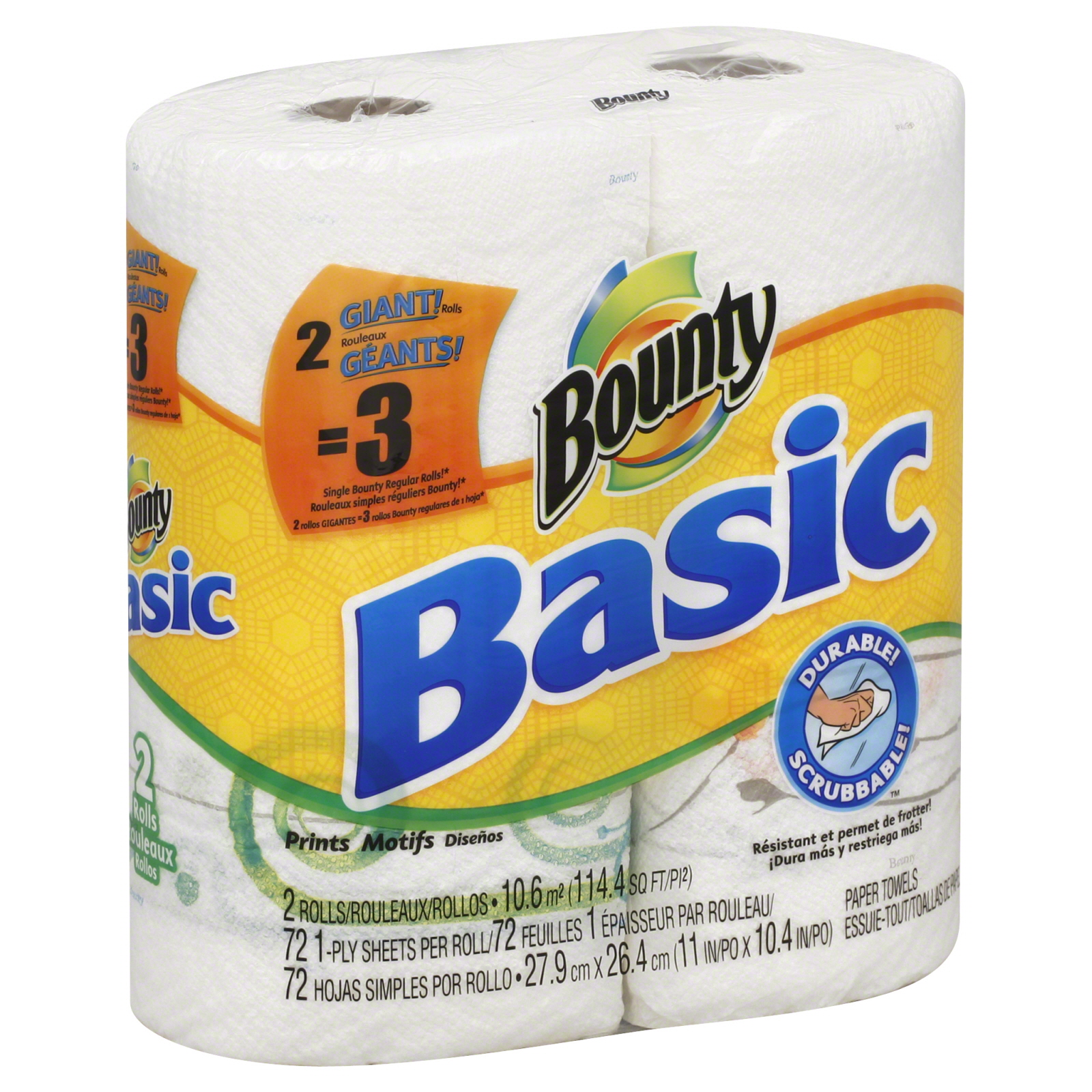 Bounty Basic Paper Towels, Giant Rolls, Prints, One-Ply, 2 rolls
