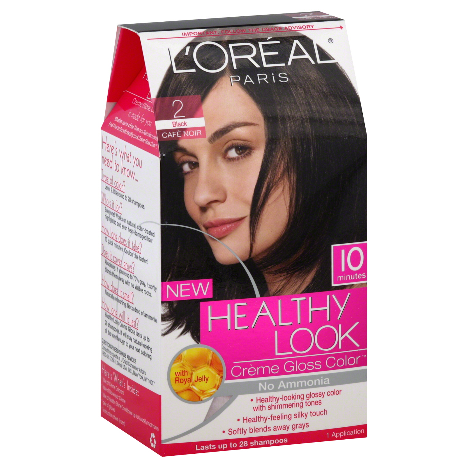 L'Oreal Healthy Look Hair Dye, Creme Gloss Color, Black 2, 1 application