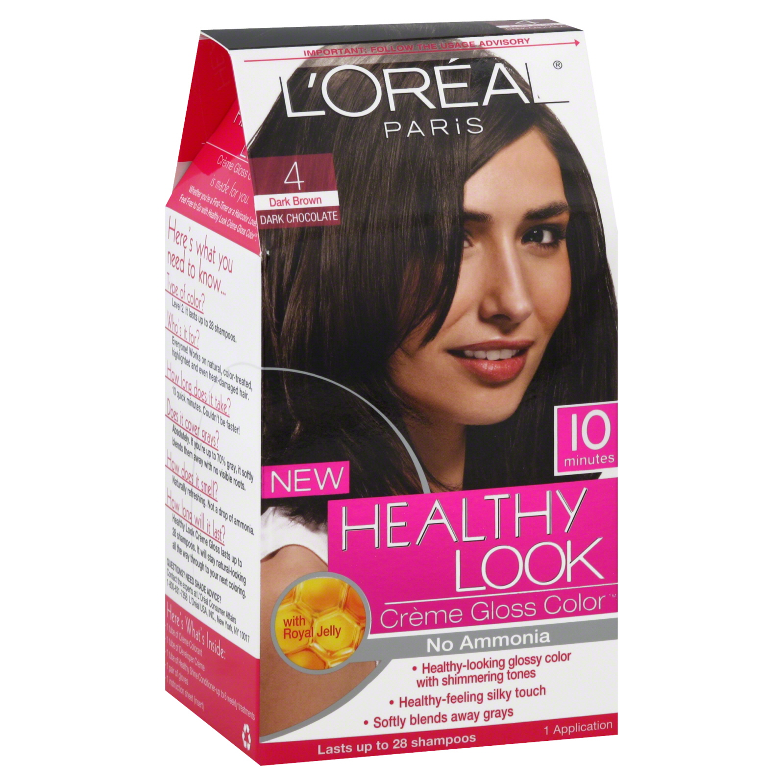 L'Oreal Healthy Look Hair Dye, Creme Gloss Color, Dark Brown 4, 1 application