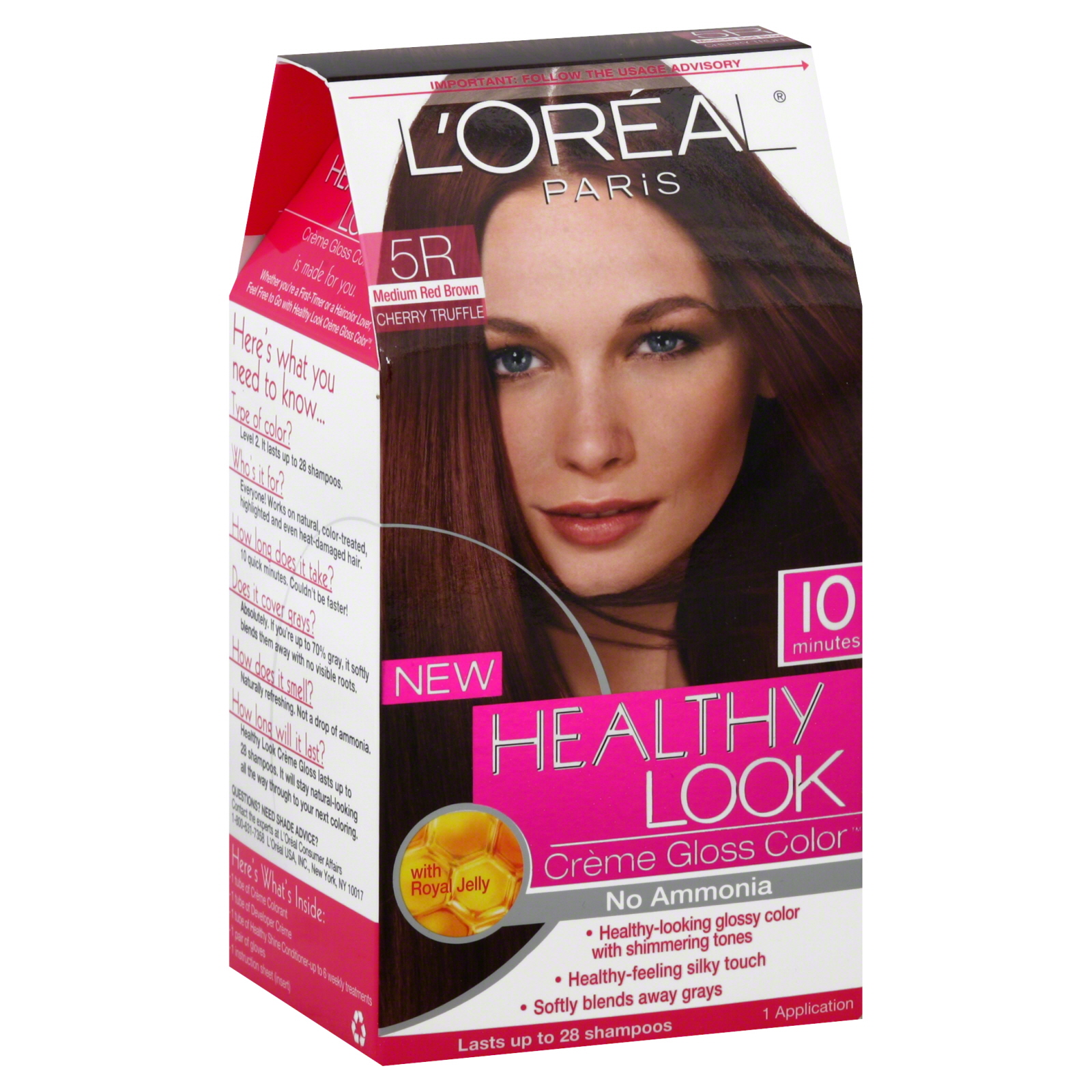 L'Oreal Healthy Look Hair Dye, Creme Gloss Color, Medium Red Brown 5R, 1 application
