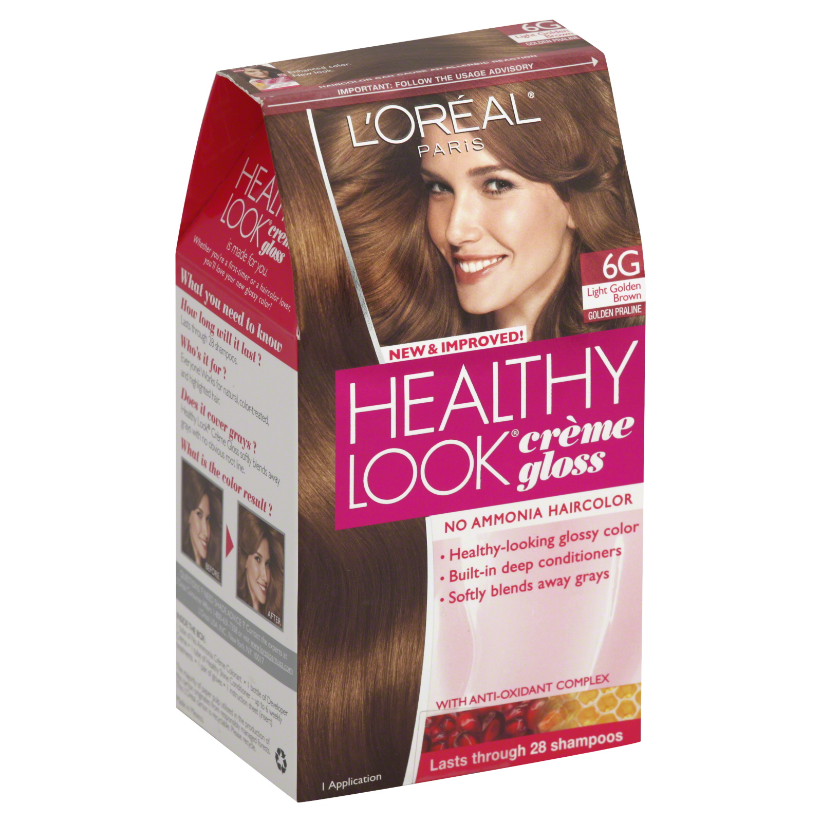 L'Oreal Healthy Look Hair Dye, Creme Gloss Color, Light Golden Brown 6G, 1 application
