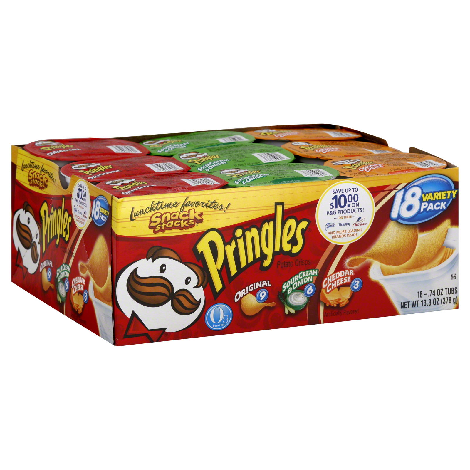 Pringles Snack Stacks Potato Crisps, Variety Pack, 18 - 0.74 oz tubs [13.3 oz (378 g)]