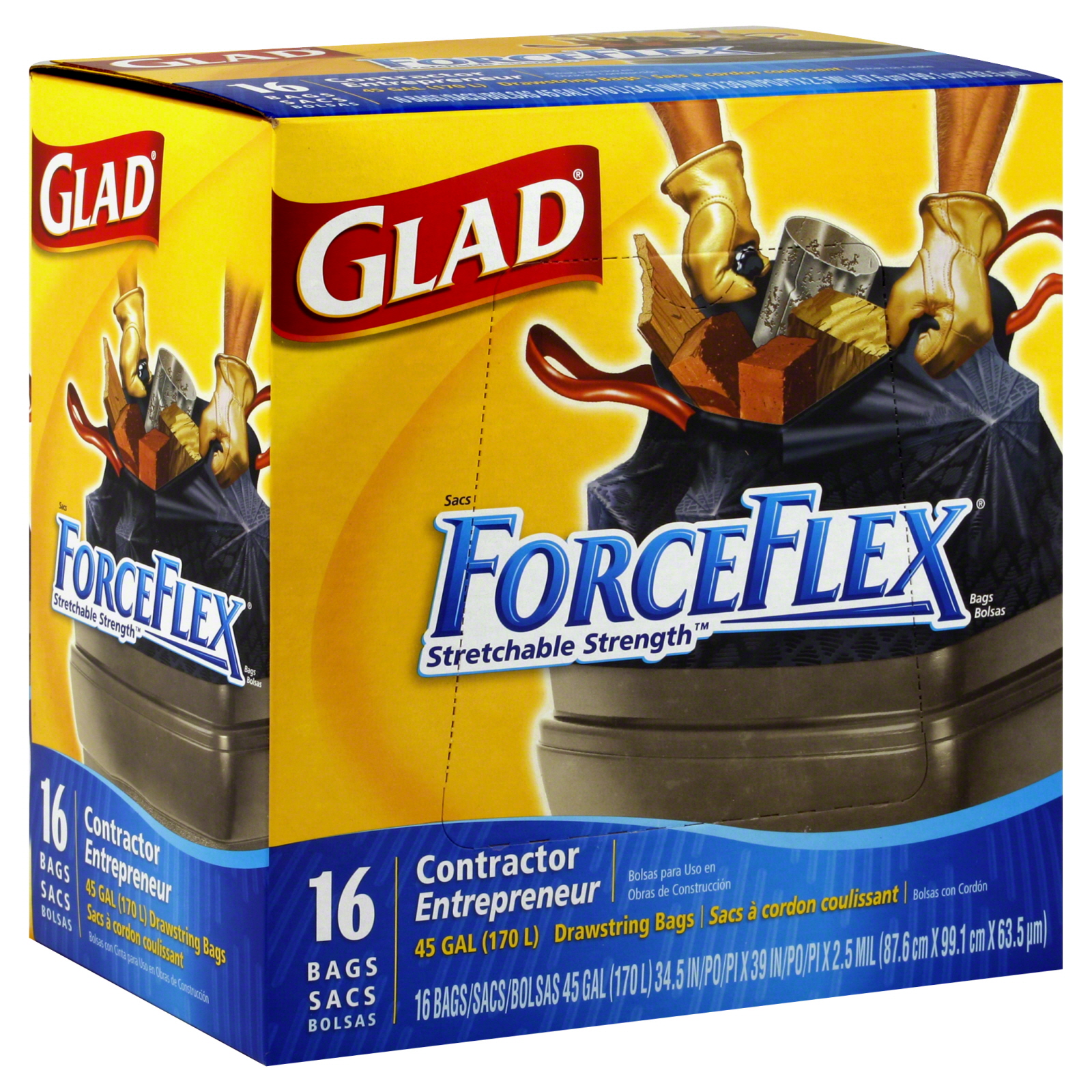 Glad ForceFlex Drawstring Bags, Contractor, 45 Gallon, 16 bags