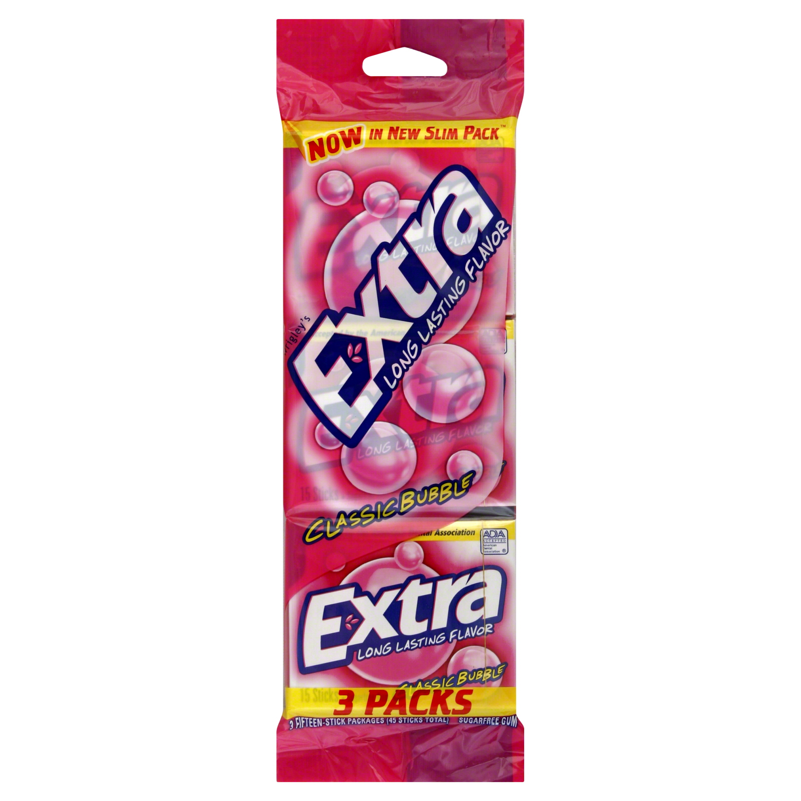 Extra Gum, Sugarfree, Classic Bubble, 3 - 15 stick packages [45 sticks]