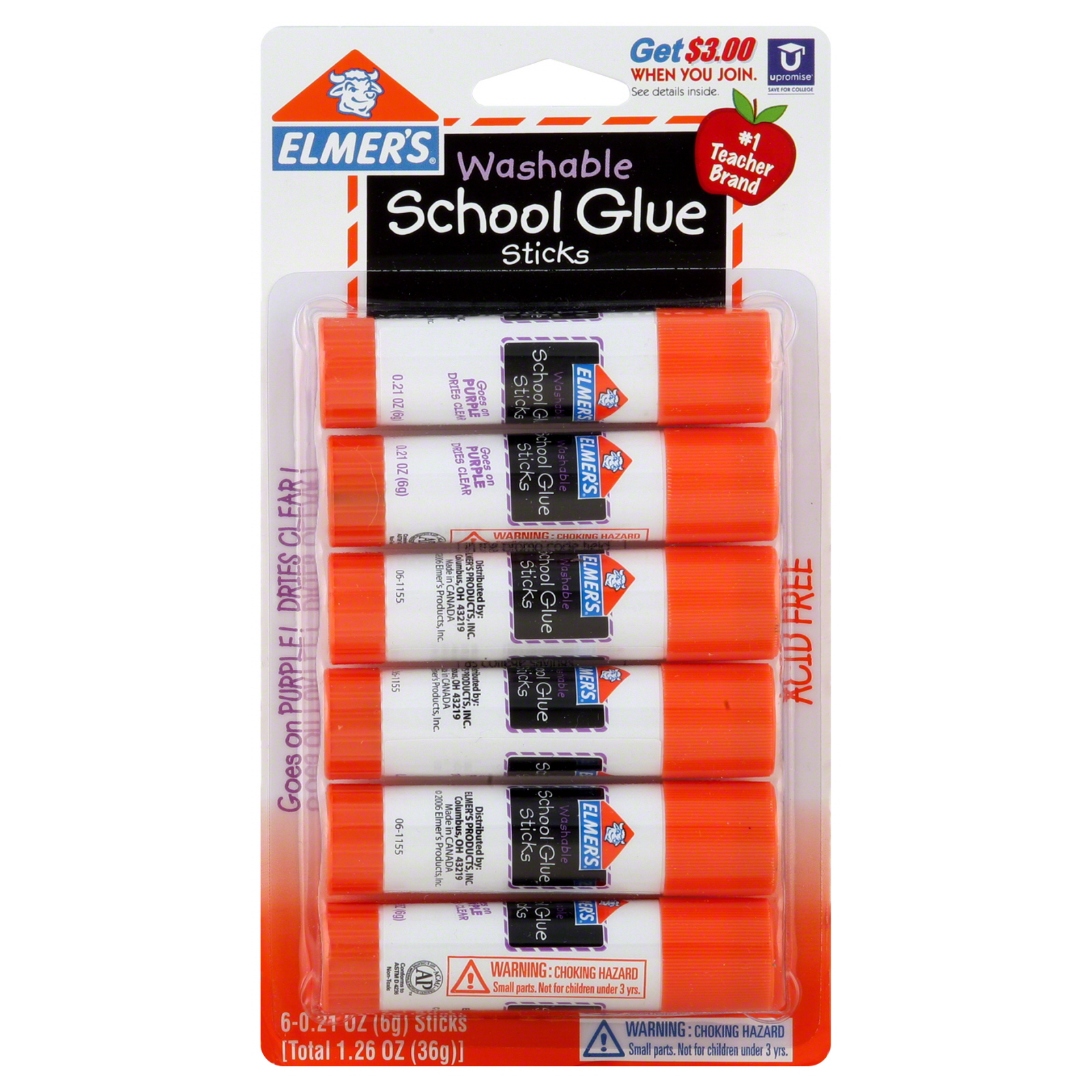 Elmers/X-Acto Washable Disappearing Purple School Glue Stick - 6 Count
