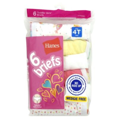 Hanes Tagless Toddler Girls 100 Percent Cotton Brief Panties 6 Pack Wht/Print 4T