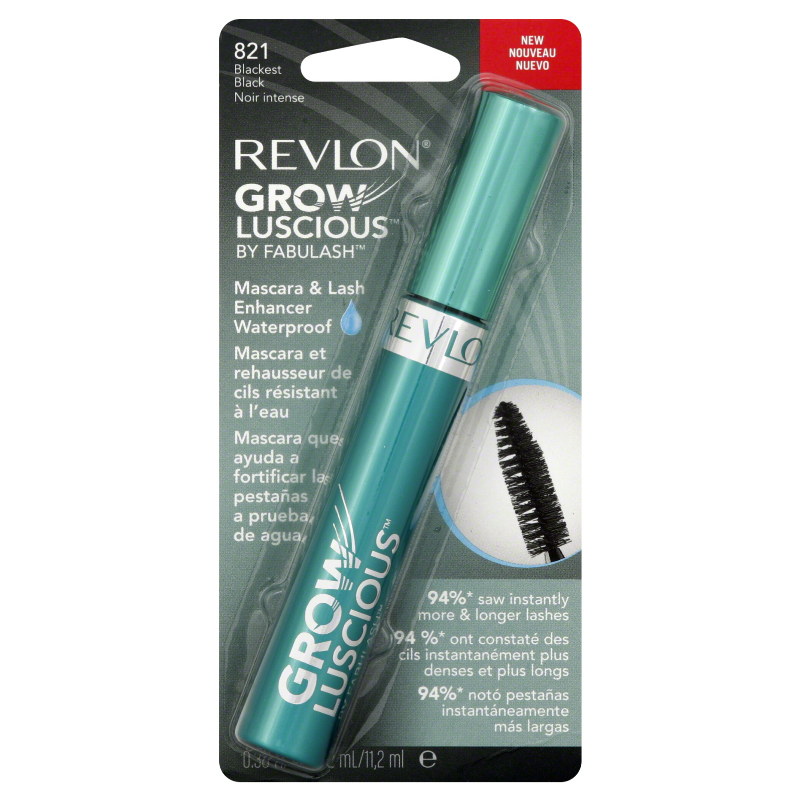 Revlon Grow Luscious Mascara & Lash Enhancer, Waterproof, Blackest Black 821, 0.38 fl oz (11.2 ml)