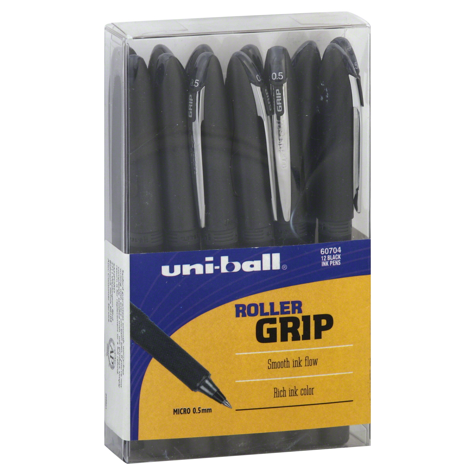uni-ball SAN60704 Grip Roller Ball Pen, Black Ink, Micro, Dozen