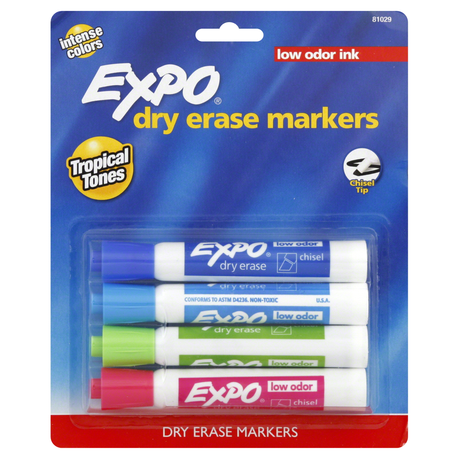 EXPO 81029 Markers, Dry Erase, Low Odor, Chisel Tip, Tropical Tones, 4