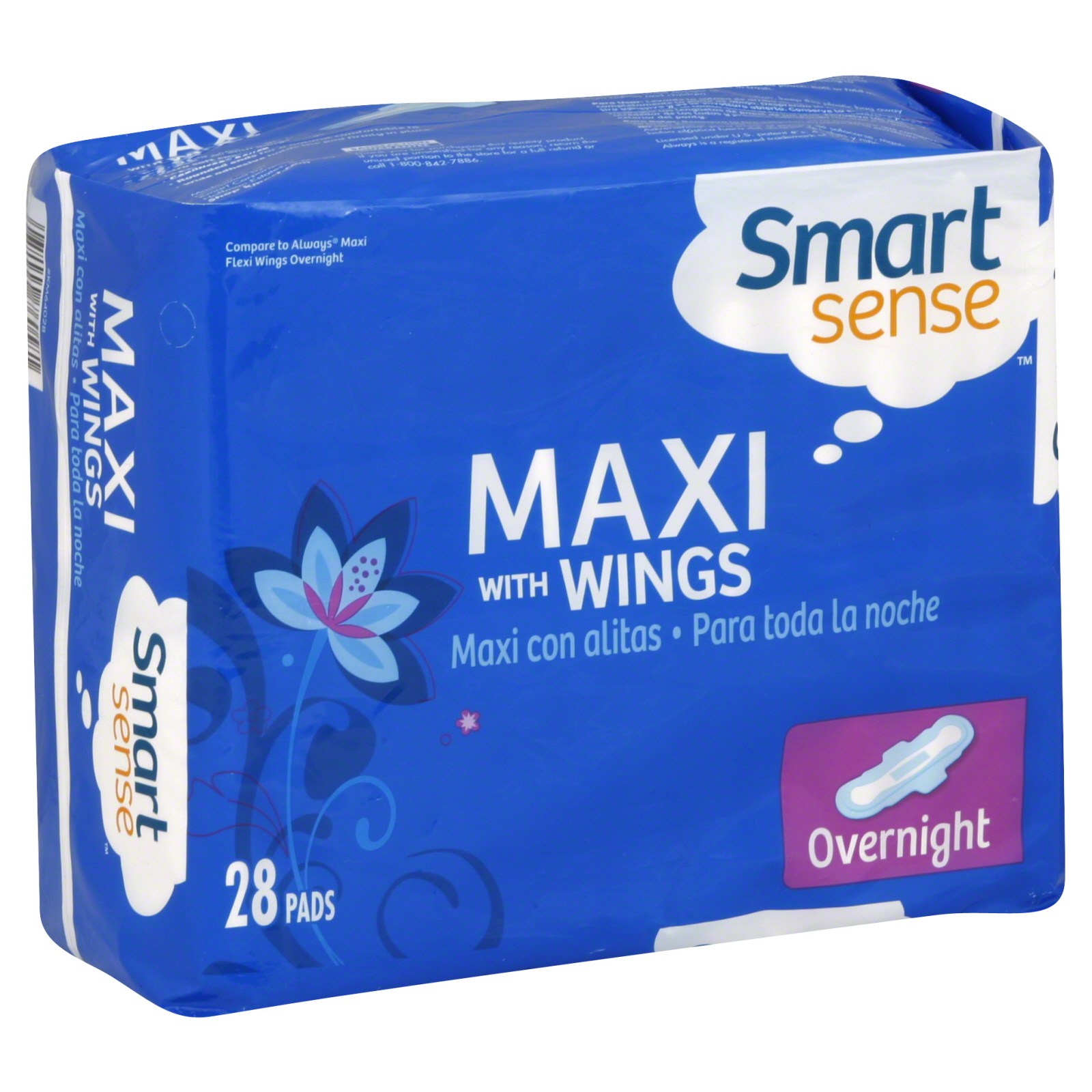 Smart Sense Maxi Pads, with Wings, Overnight, Unscented, 28 pads