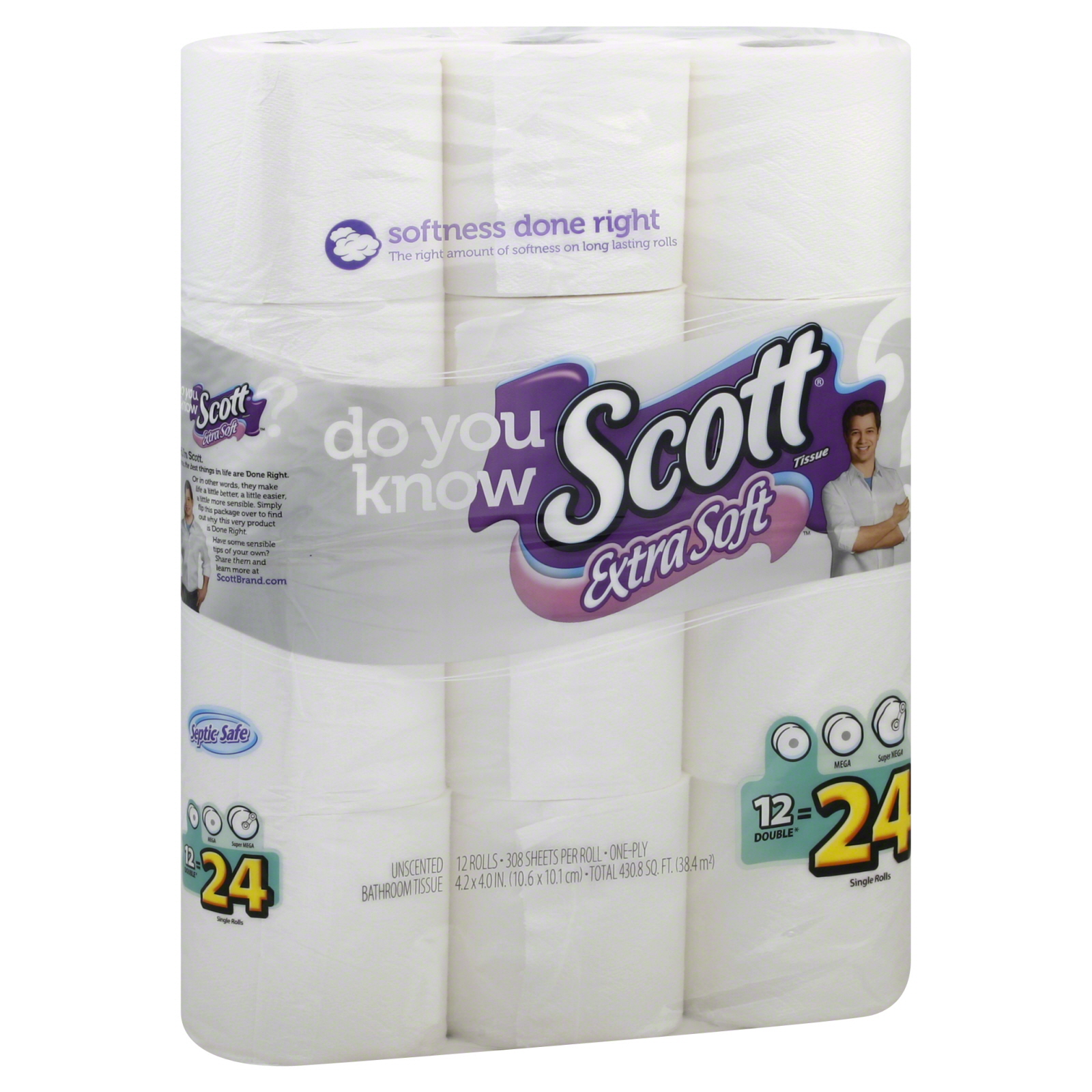 Scott Extra Soft Tissue, Unscented, One-Ply - 12 Double Rolls