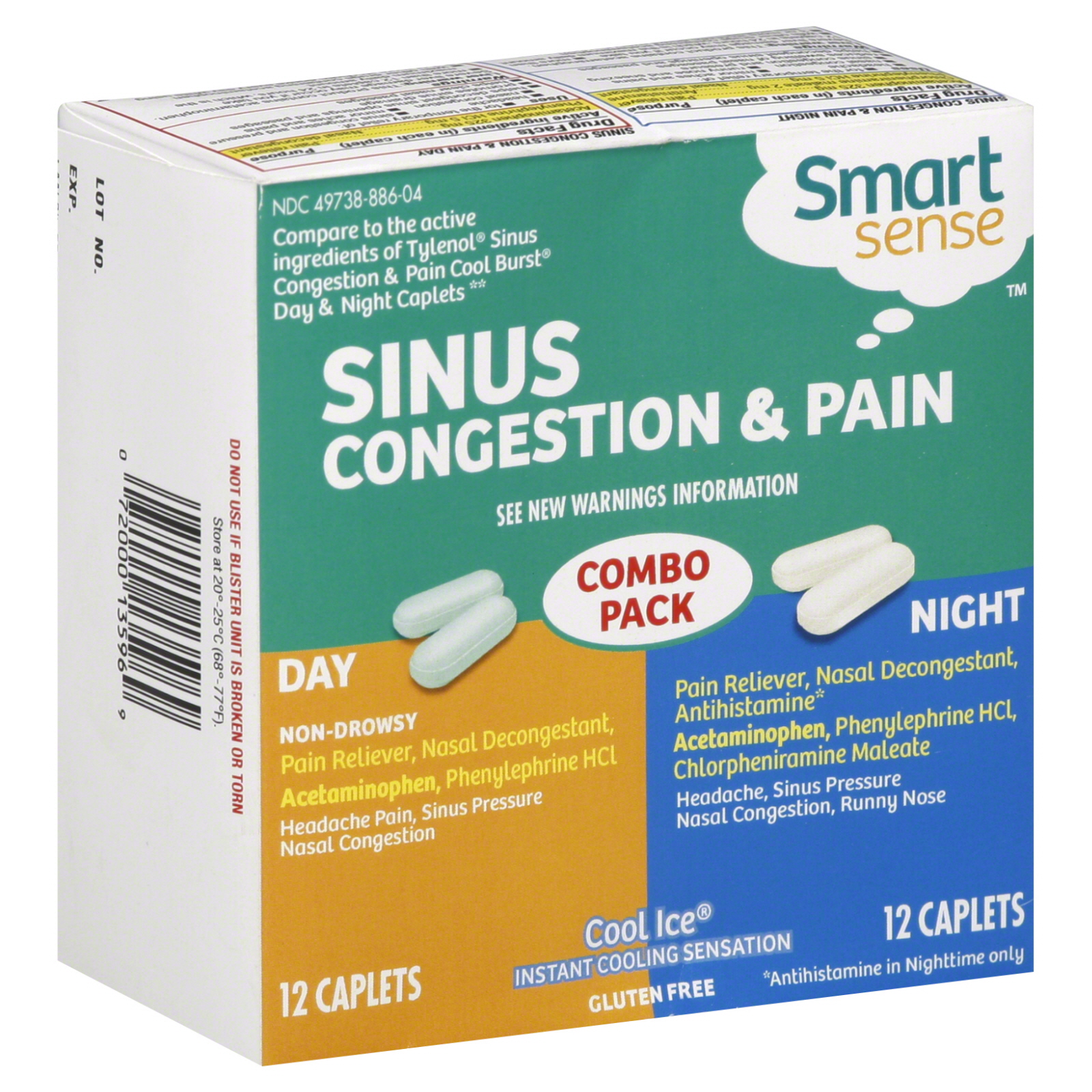 Smart Sense Sinus Congestion & Pain, Day/Night, Cool Ice, 24 Caplets