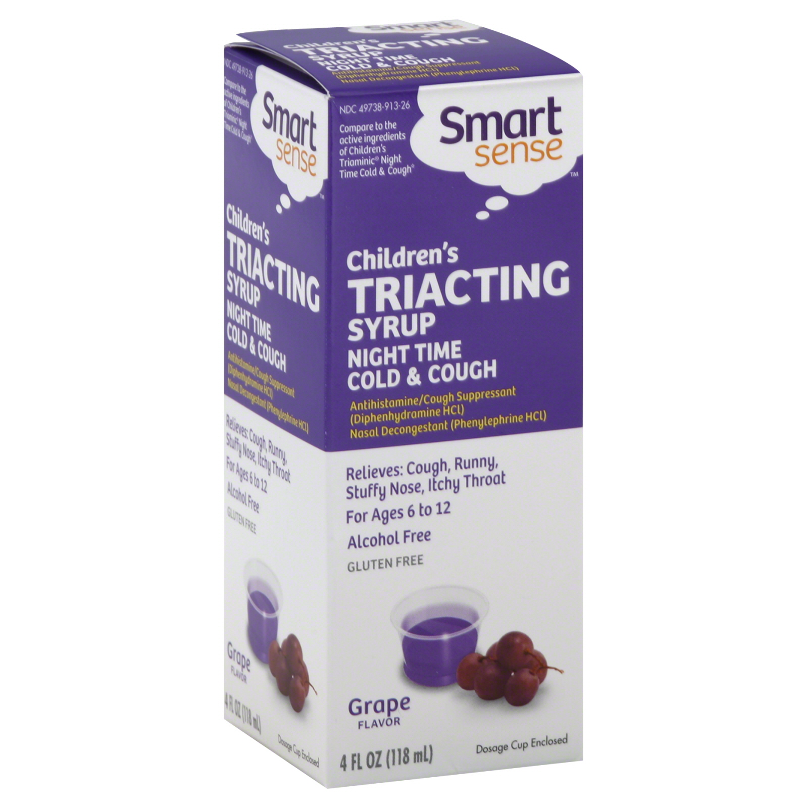 Smart Sense Triacting Syrup, Children's, Night Time Cold & Cough, Grape