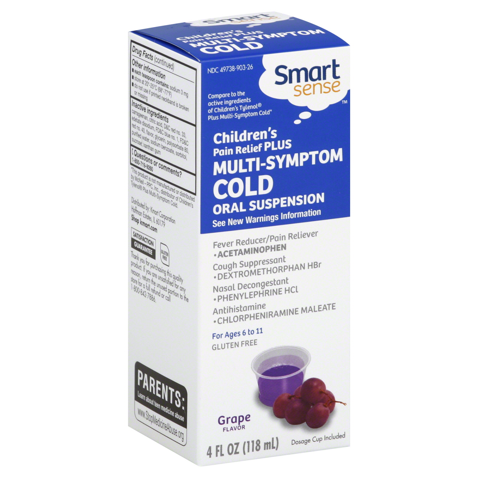 Smart Sense Multi-Symptom Cold, Pain Relief Plus, Children's, Oral Suspension, Grape Flavor, 4 oz