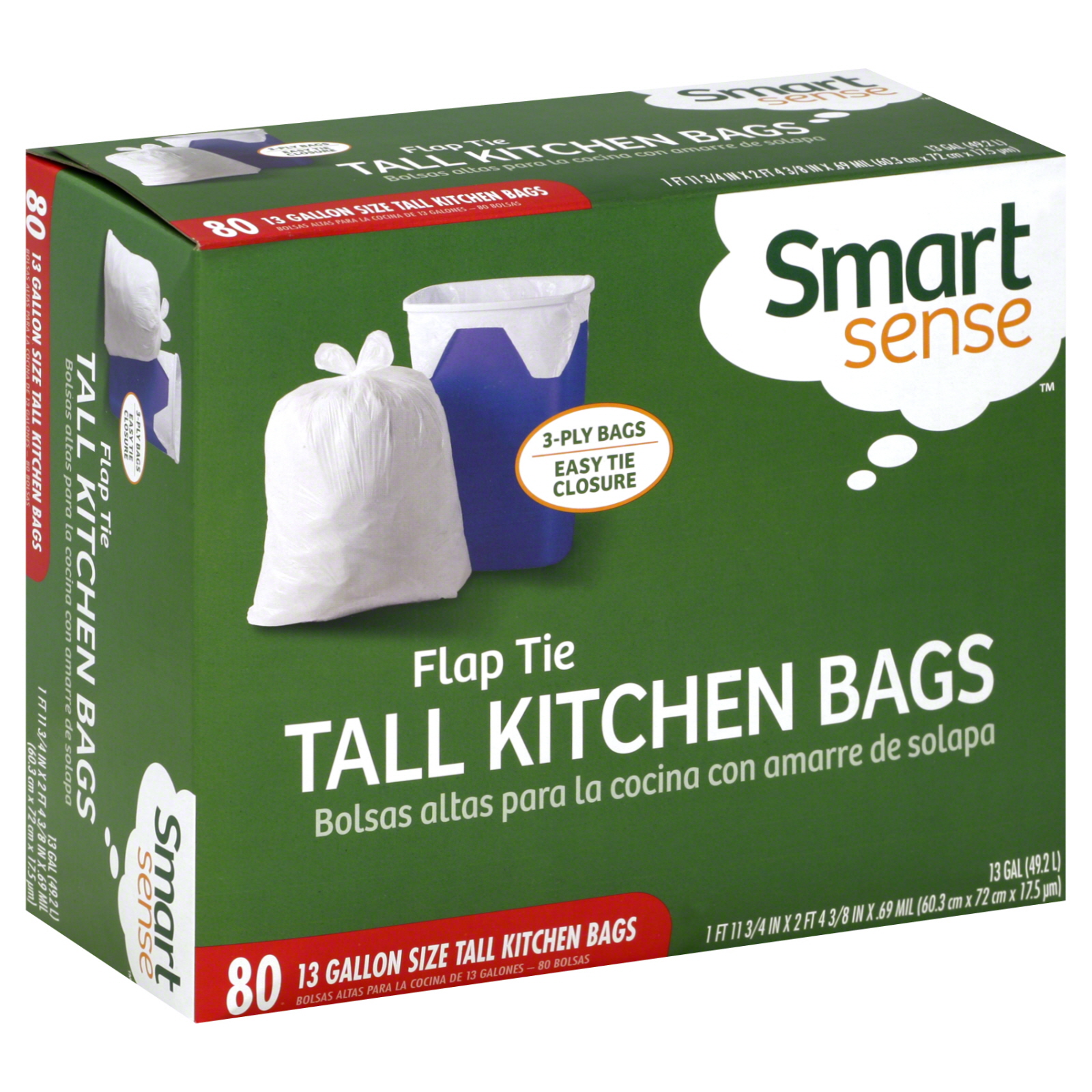 Smart Sense  Tall Kitchen Bags, Flap Tie, 3 Ply, 80 bags