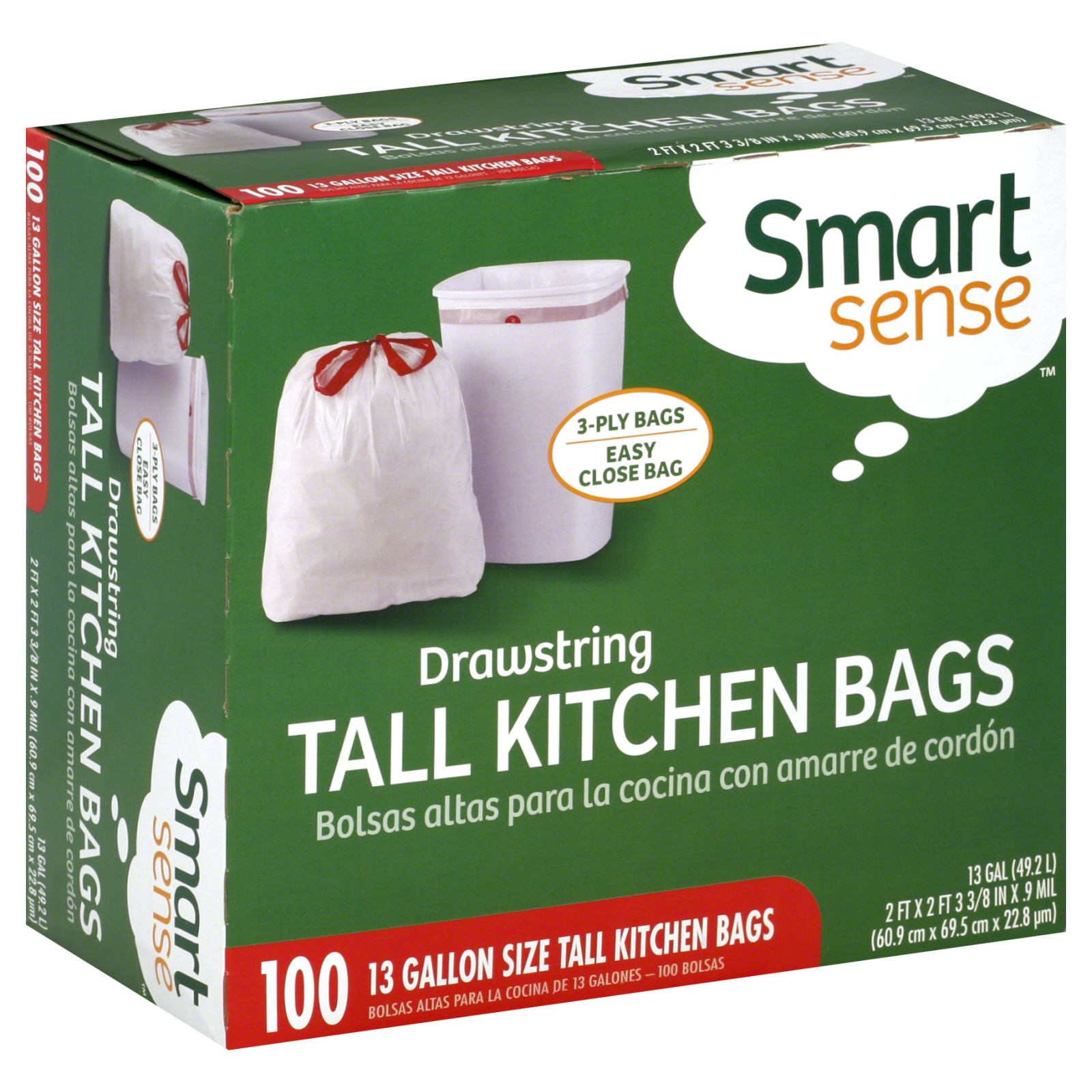 Smart Sense  Tall Kitchen Bags, Drawstring, 3 Ply, 100 bags