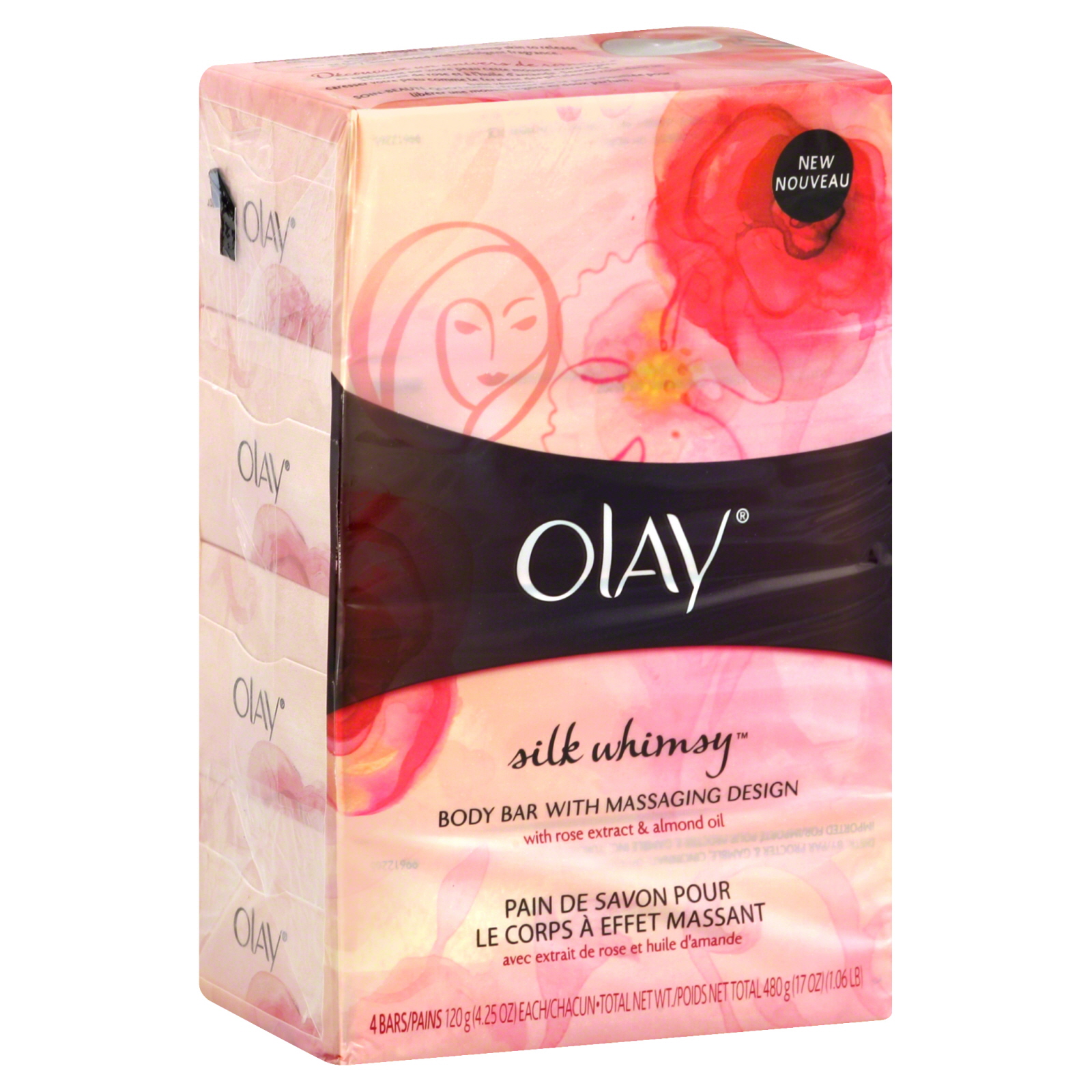 Olay Silk Whimsy Body Bar, with Massaging Design, 4 - 4.25 oz Bars