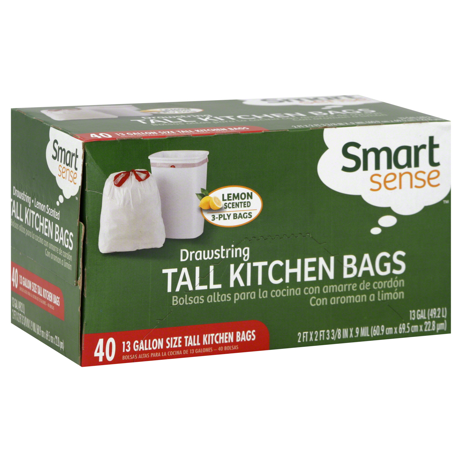 Smart Sense Tall Kitchen Bags, Drawstring, 3-Ply, 13 Gallon, Lemon Scented, 40 bags