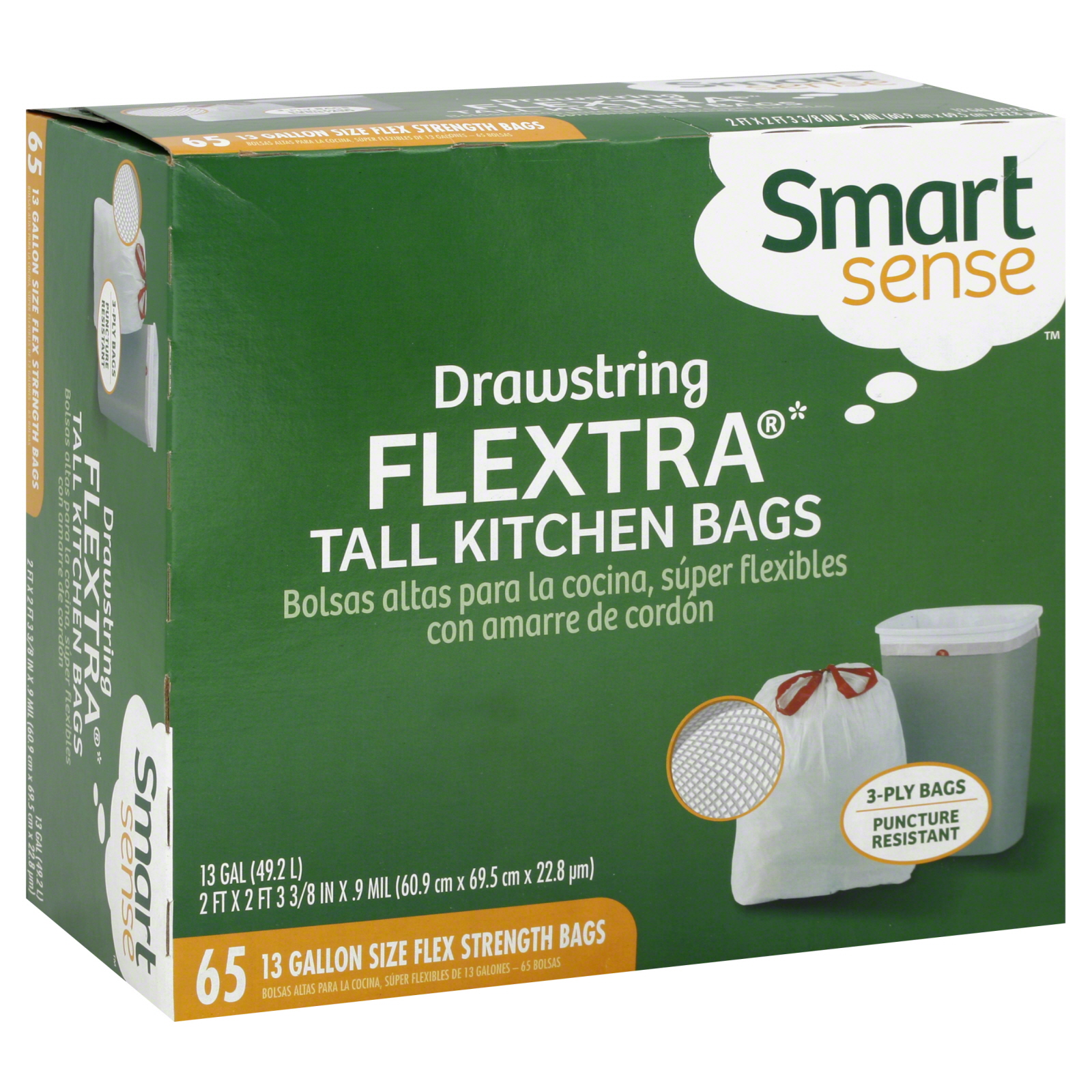 Smart Sense Tall Kitchen Bags, Drawstring Flextra, 13 Gallon, 65 bags