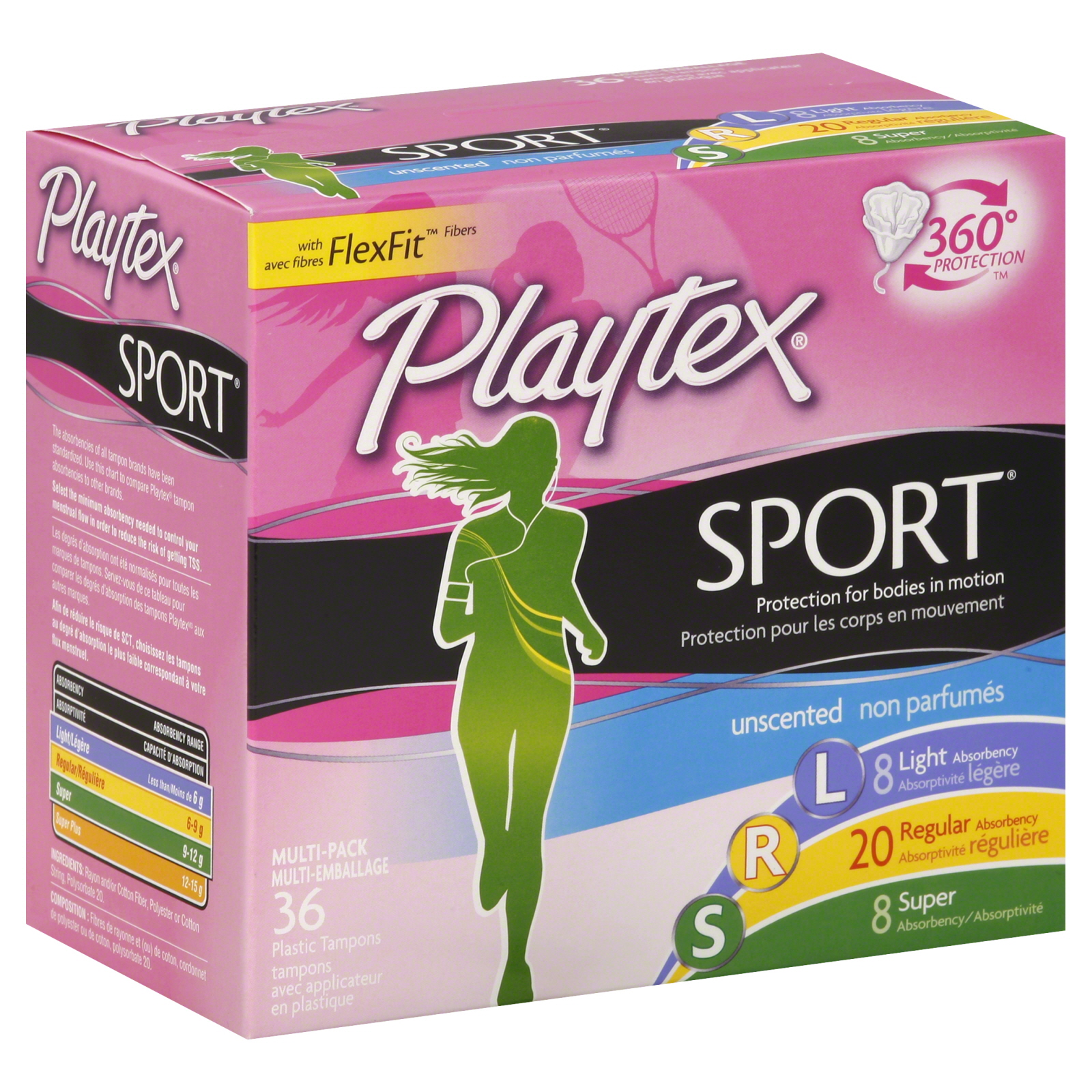 Playtex Sport Tampon, Unscented, Light/Regular/Super, 36 tampons