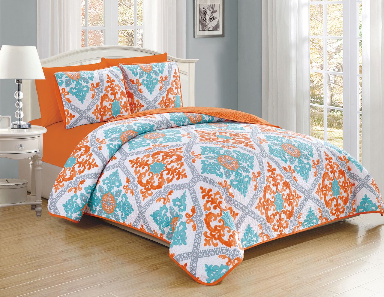 California King Size Quilts Kinglinen 6 Piece Scroll Aqua Orange White Reversible Bedspread Quilt Set