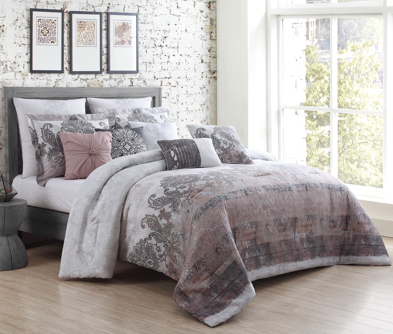 Bed Size California King Kinglinen Comforters Sears Kinglinen 14 Piece Antonella Blush Charcoal Bed In A Bag Set