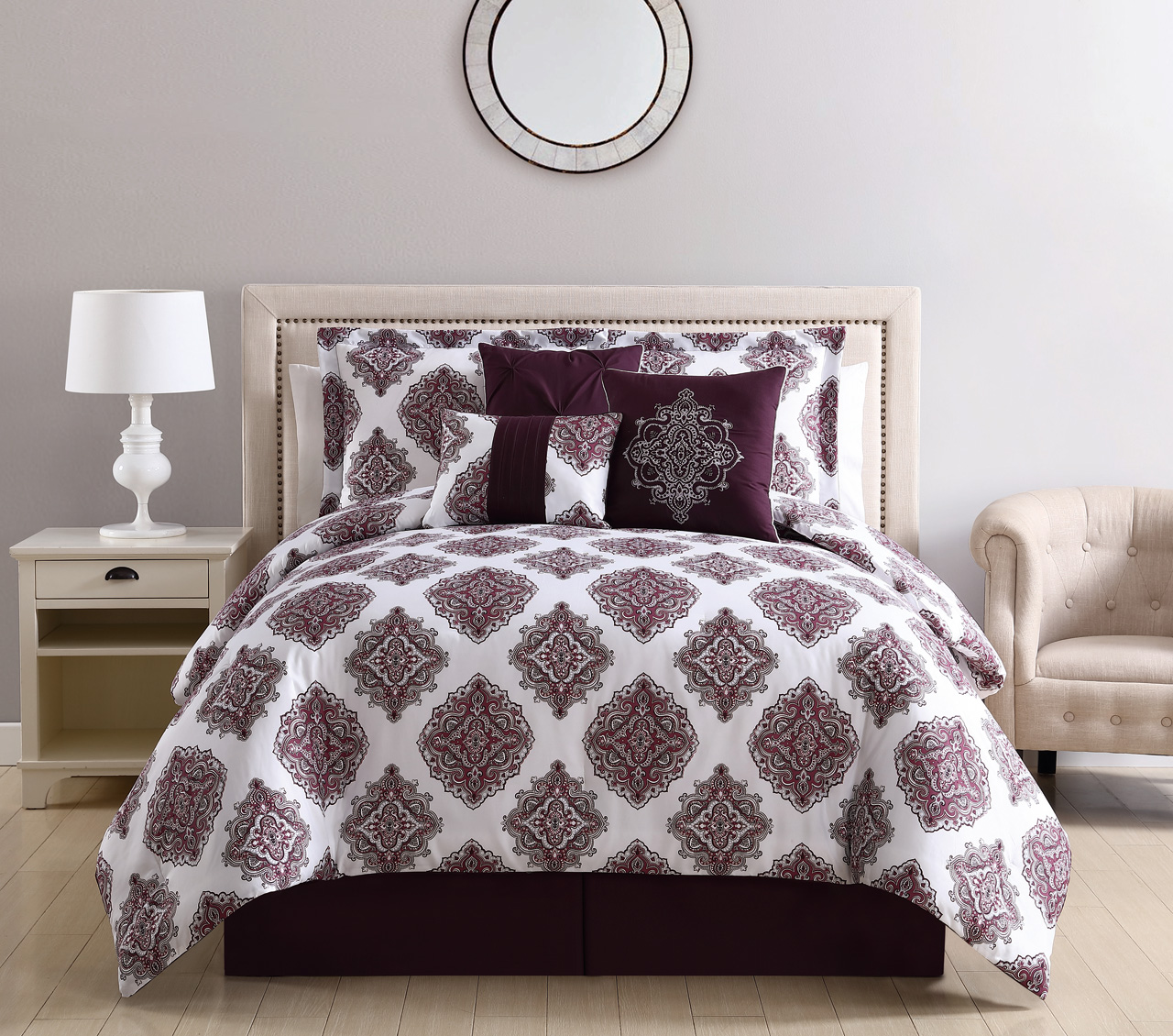 Kinglinen 7 Piece Daria Wine Gray Reversible Comforter Set