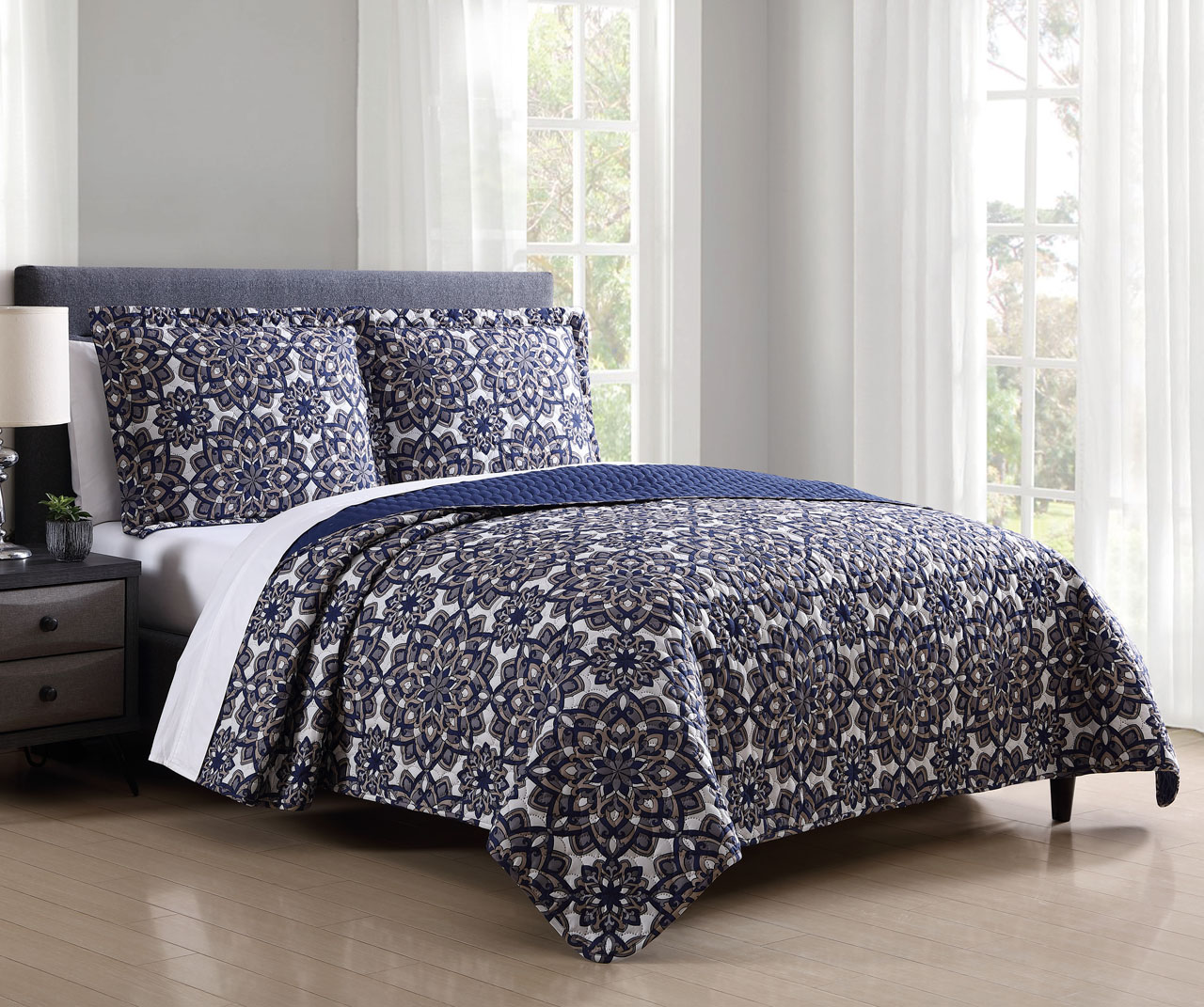 S L Home Fashions 3 Piece Karin Blue Taupe Quilt Set