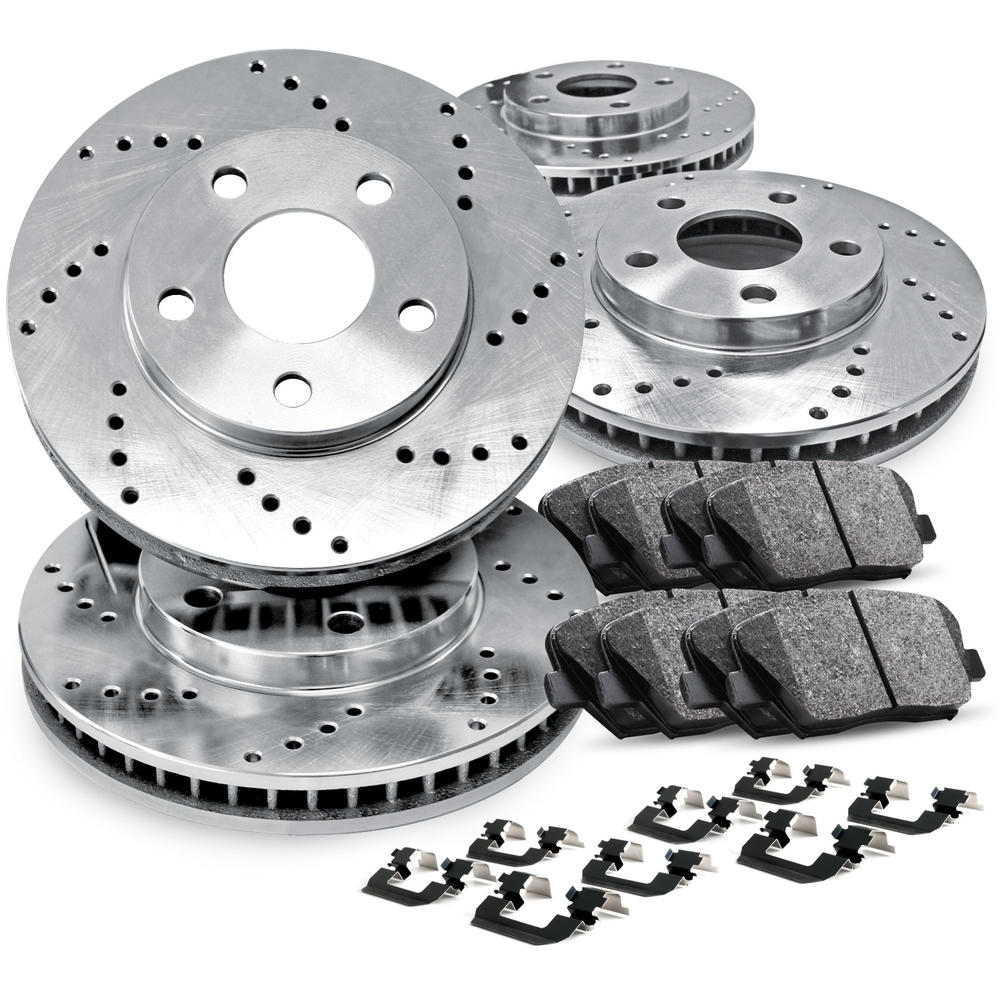 R1 Concepts Front and Rear eLine Cross-Drilled Brake Disc Rotors & Ceramic Brake Pad CTS,STS
