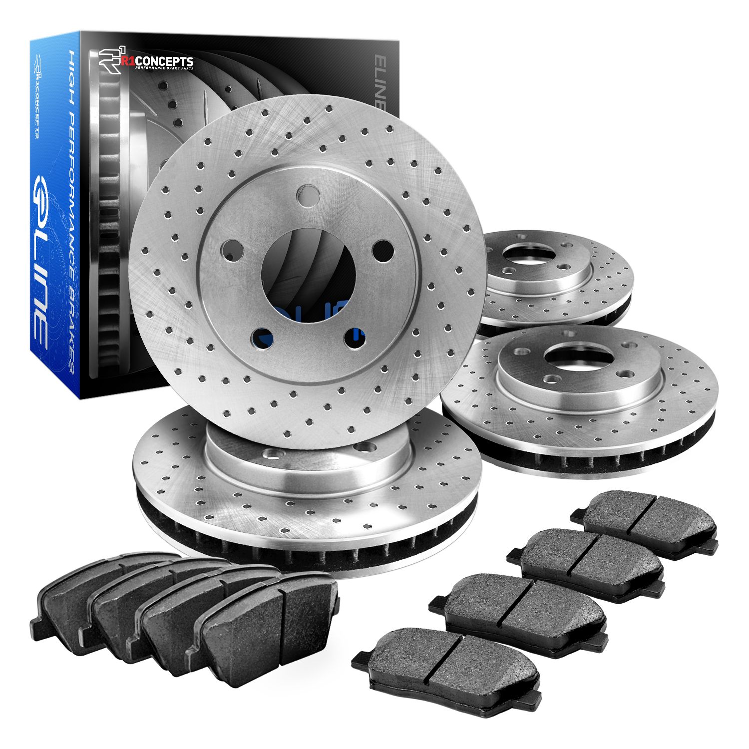 Eline 1999-2003 Ford F-350 Super Duty Pickup XLT 7.3L  Front And Rear Cross Drilled Brake Rotors + Ceramic Pads