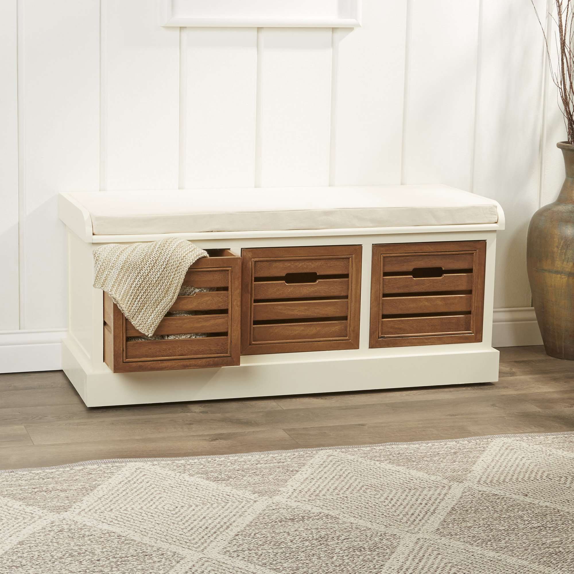 August Grove Maia Wood Storage Bench Color Off White