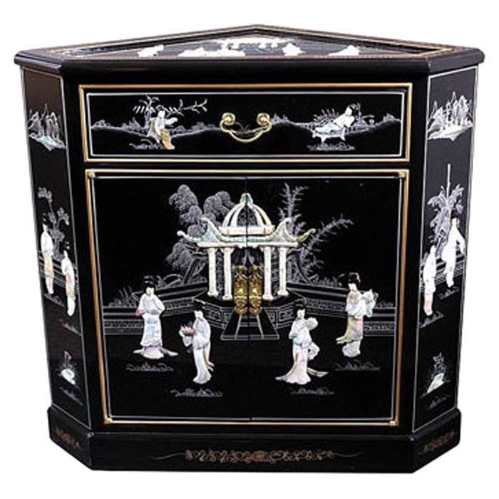 Oriental Furniture Asian Mother Of Pearl 2 Drawer Corner Accent Cabinet