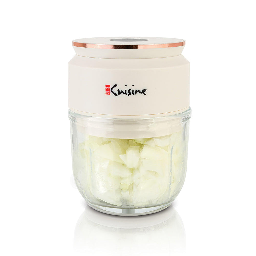 Euro Cuisine MCW30WH Mini Cordless/Rechargeable Chopper With USB Cord & Glass Bowl - White