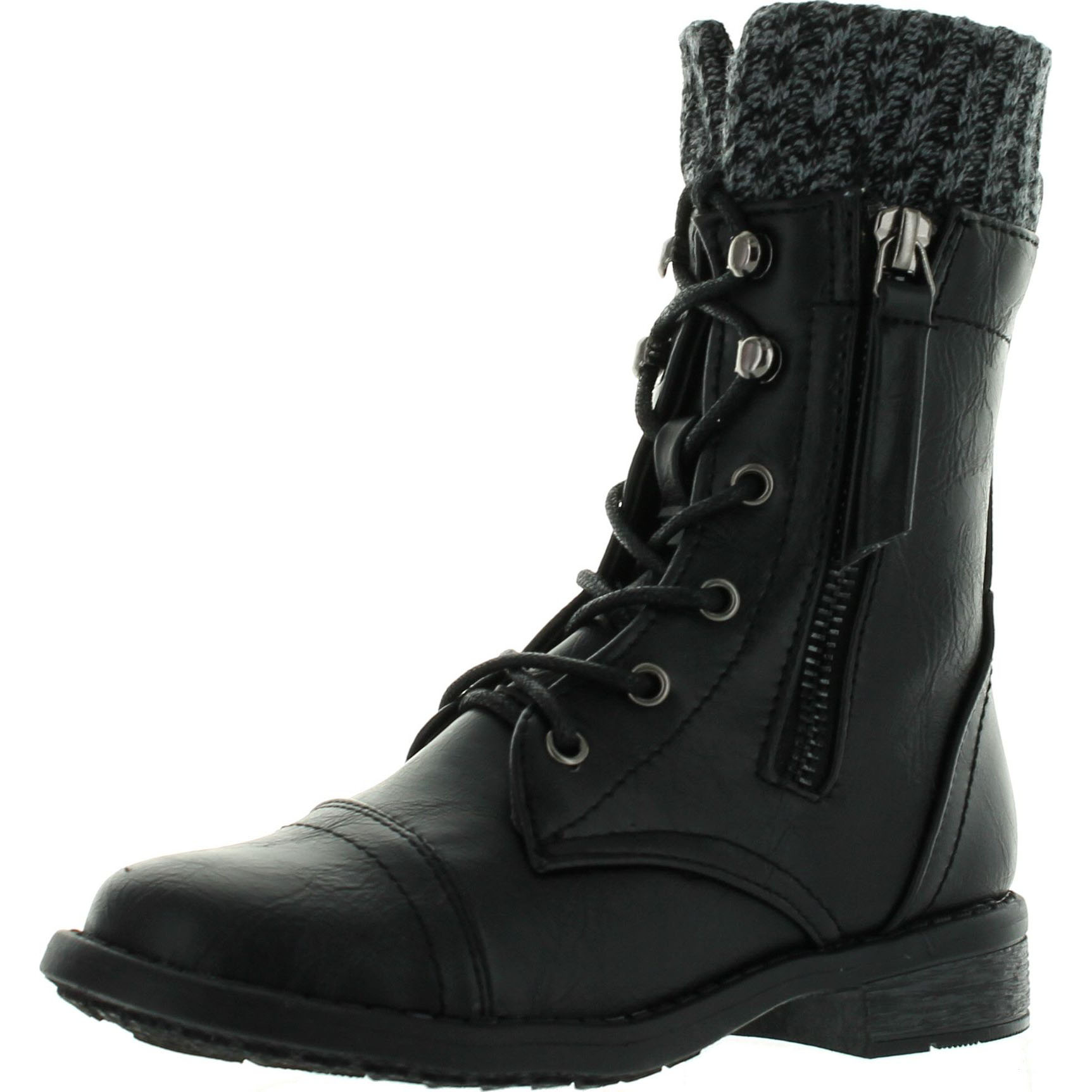 Static Footwear Link Girls Justina58k Kids Leatherette Sweater Cuff Lace Up Zip Decor Mid Calf Ankle Combat Boots